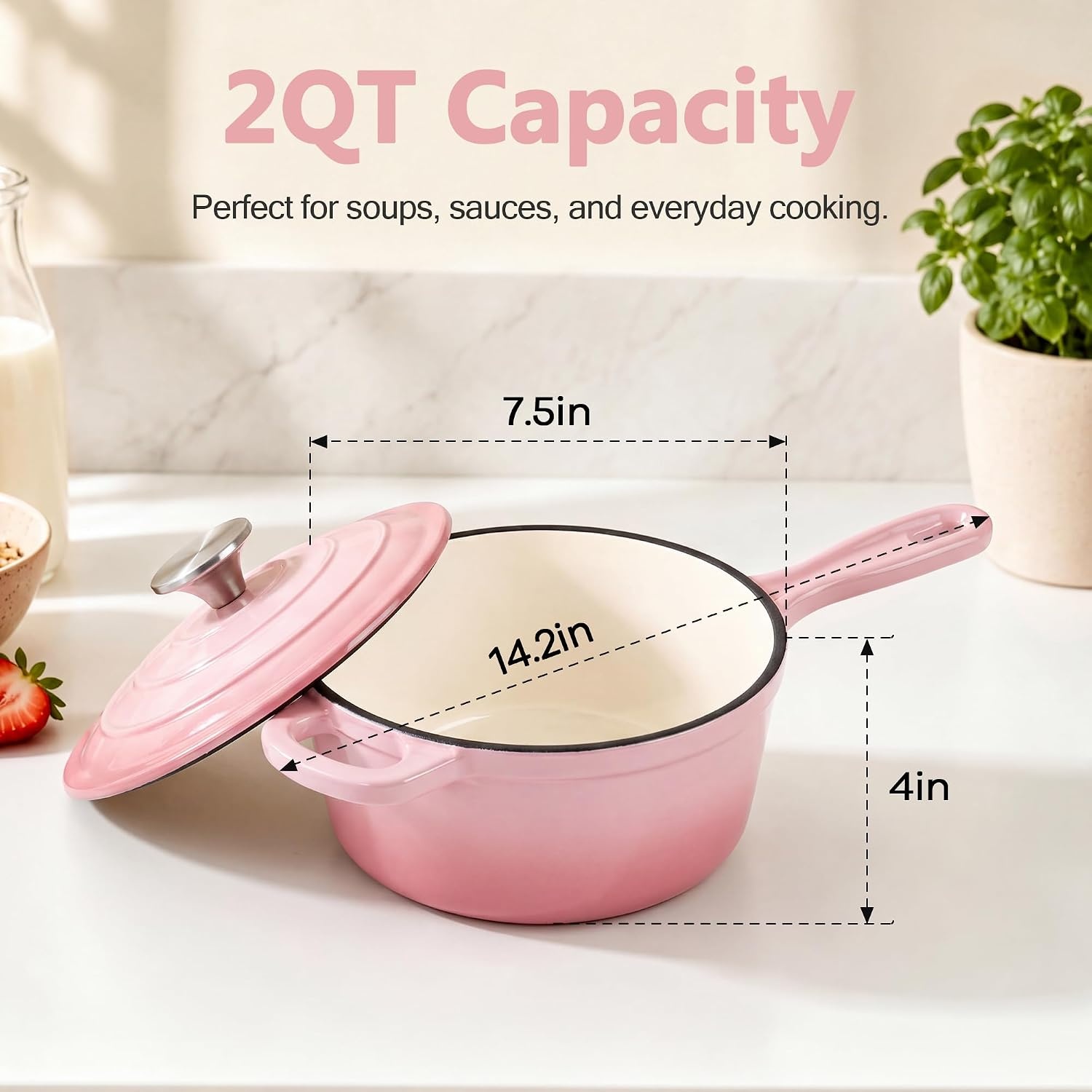 image:imageEfar Enameled Cast Iron Sauce Pan with Lid 1 Quart Dutch Oven Cooking PotPink