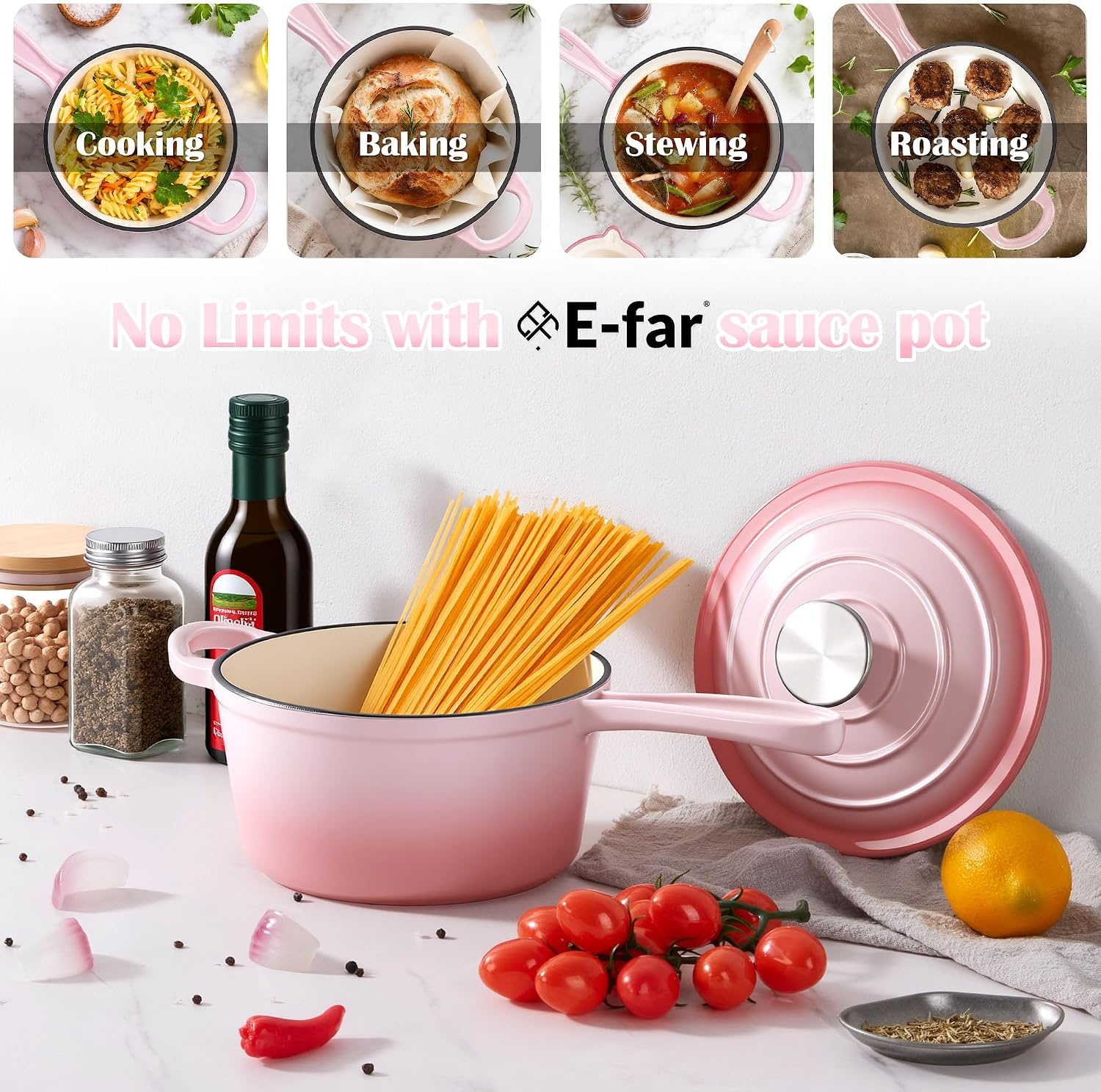 image:imageEfar Enameled Cast Iron Sauce Pan with Lid 1 Quart Dutch Oven Cooking PotPink