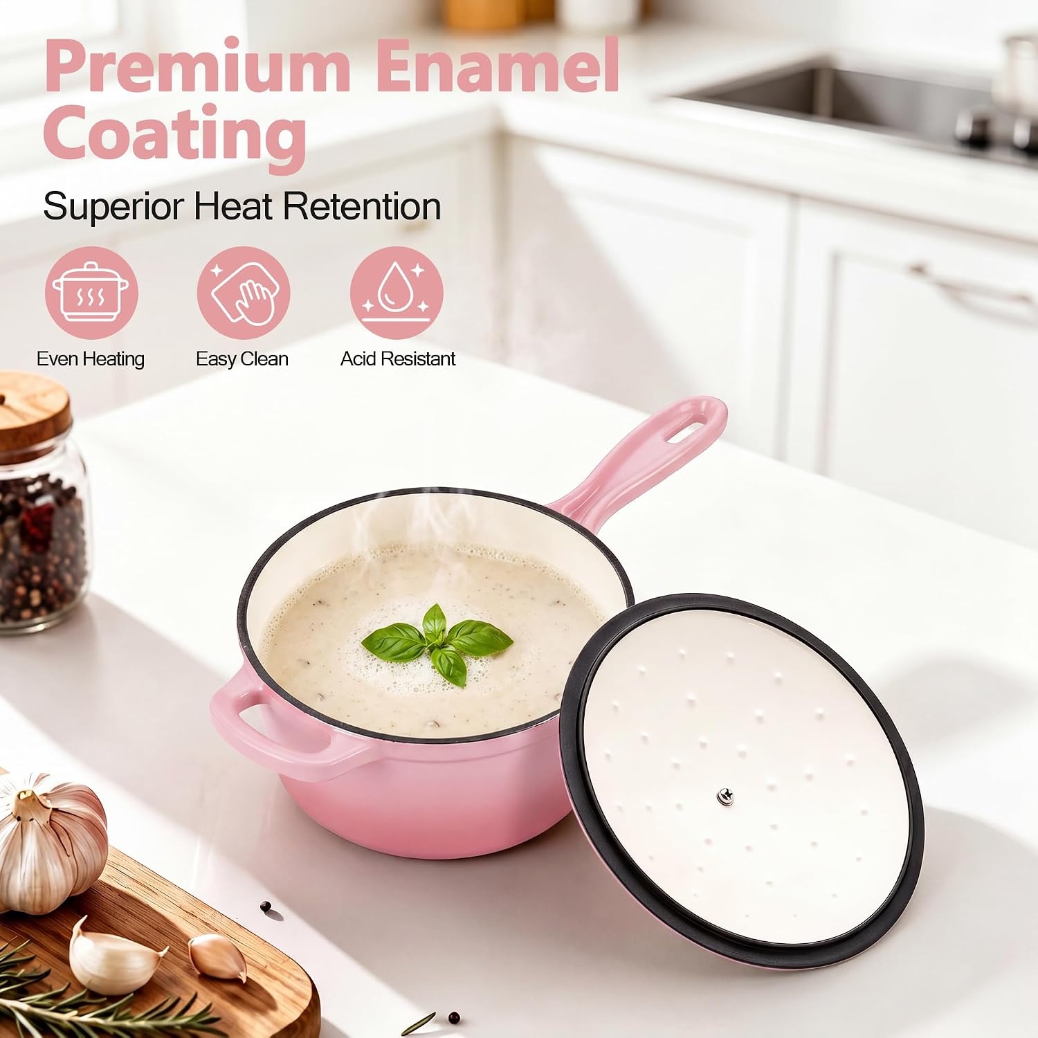 image:imageEfar Enameled Cast Iron Sauce Pan with Lid 1 Quart Dutch Oven Cooking PotPink