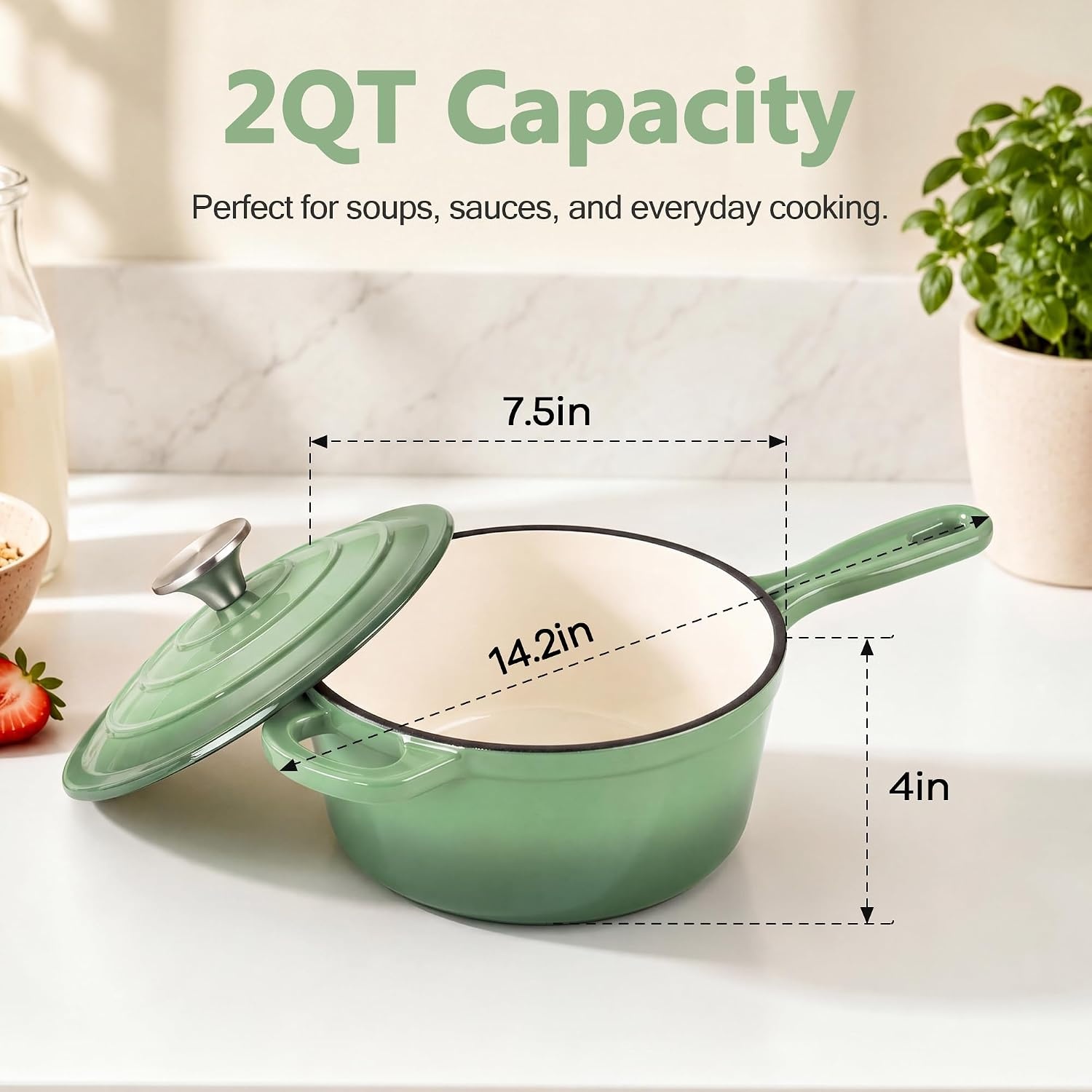 image:imageEfar Enameled Cast Iron Sauce Pan with Lid 1 Quart Dutch Oven Cooking PotPistachio Green