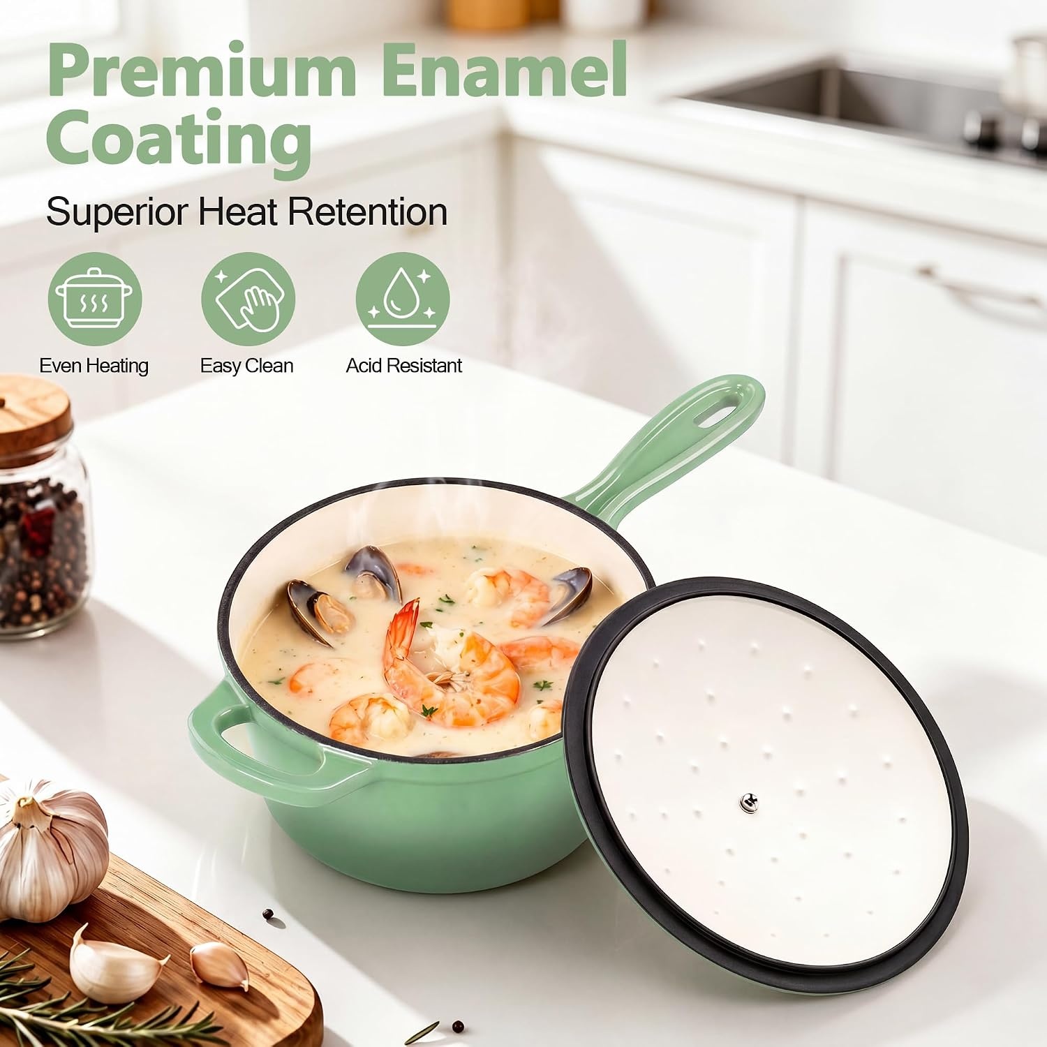 image:imageEfar Enameled Cast Iron Sauce Pan with Lid 1 Quart Dutch Oven Cooking PotPistachio Green