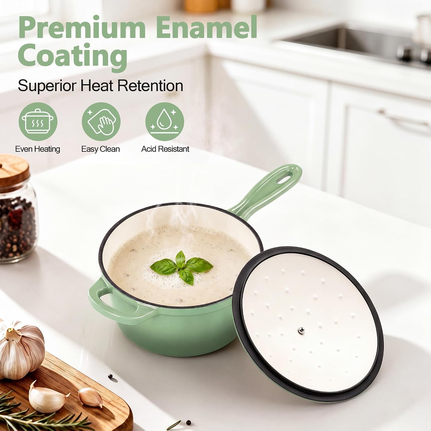 image:imageEfar Enameled Cast Iron Sauce Pan with Lid 1 Quart Dutch Oven Cooking PotPistachio Green