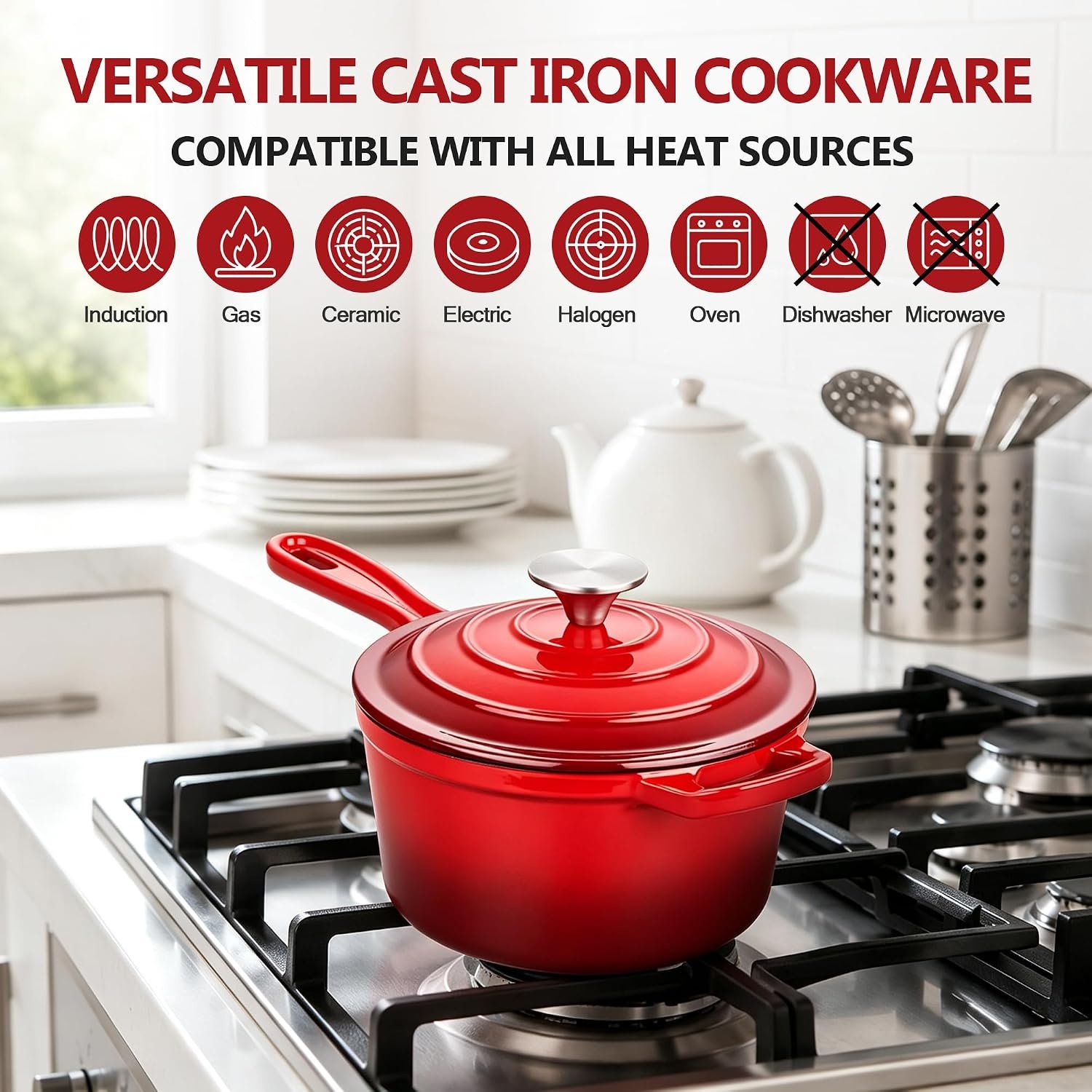 image:imageEfar Enameled Cast Iron Sauce Pan with Lid 1 Quart Dutch Oven Cooking PotRed