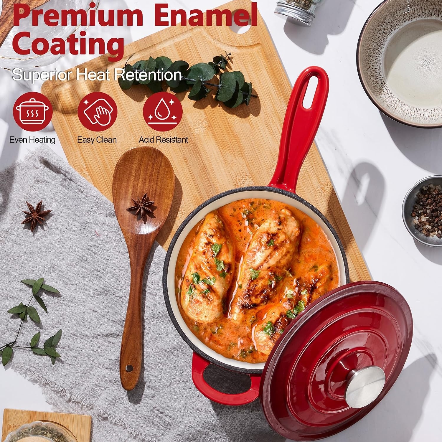 image:imageEfar Enameled Cast Iron Sauce Pan with Lid 1 Quart Dutch Oven Cooking PotRed