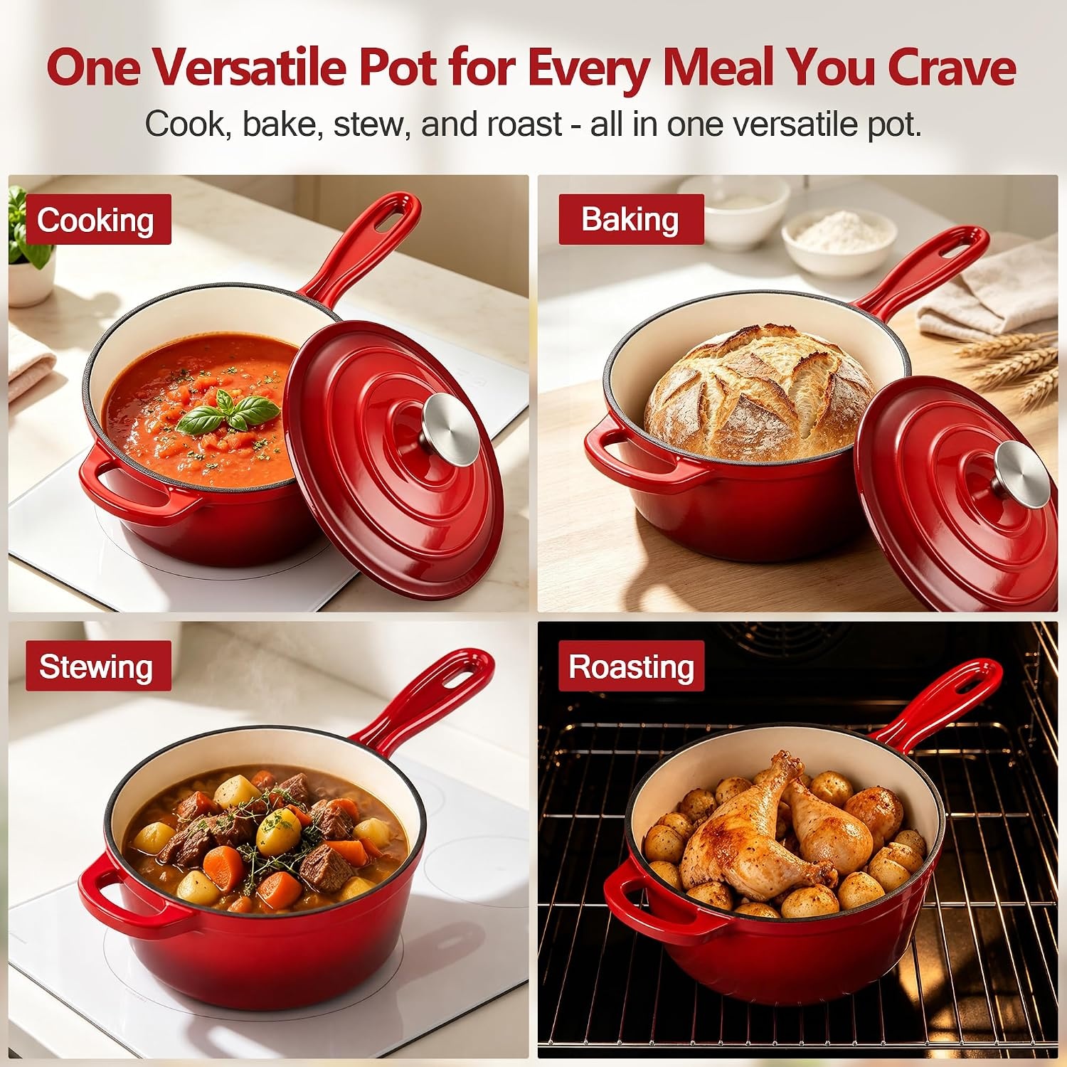 image:imageEfar Enameled Cast Iron Sauce Pan with Lid 1 Quart Dutch Oven Cooking PotRed