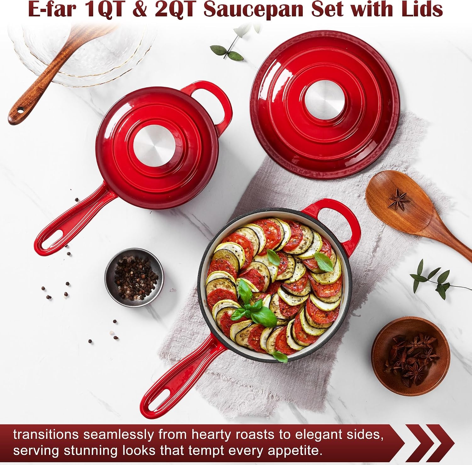 image:imageEfar Enameled Cast Iron Sauce Pan with Lid 1 Quart Dutch Oven Cooking PotRed