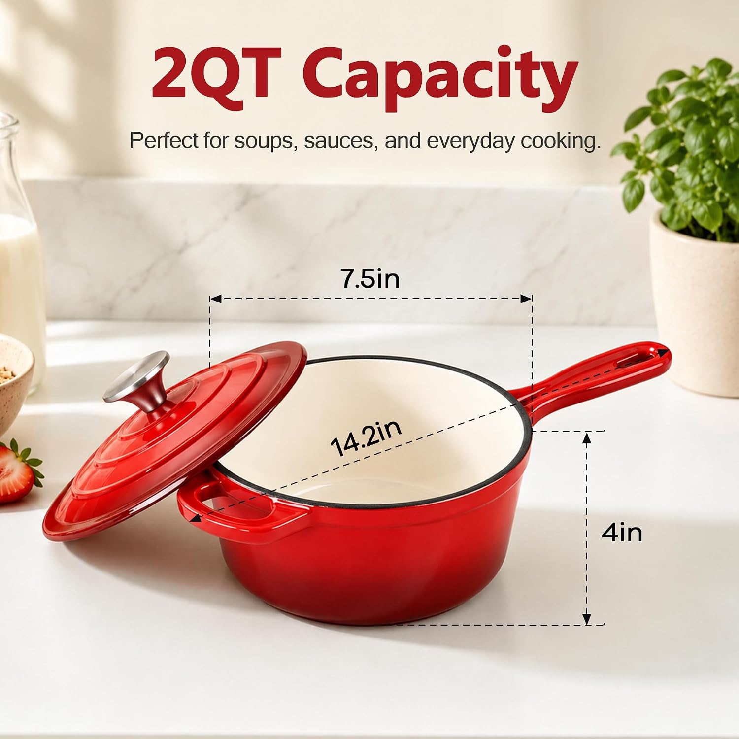 image:imageEfar Enameled Cast Iron Sauce Pan with Lid 1 Quart Dutch Oven Cooking PotRed