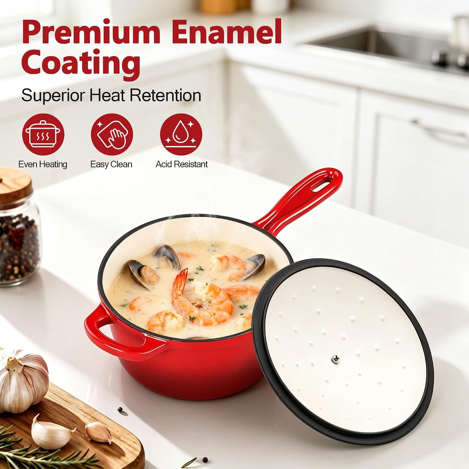 image:imageEfar Enameled Cast Iron Sauce Pan with Lid 1 Quart Dutch Oven Cooking PotRed