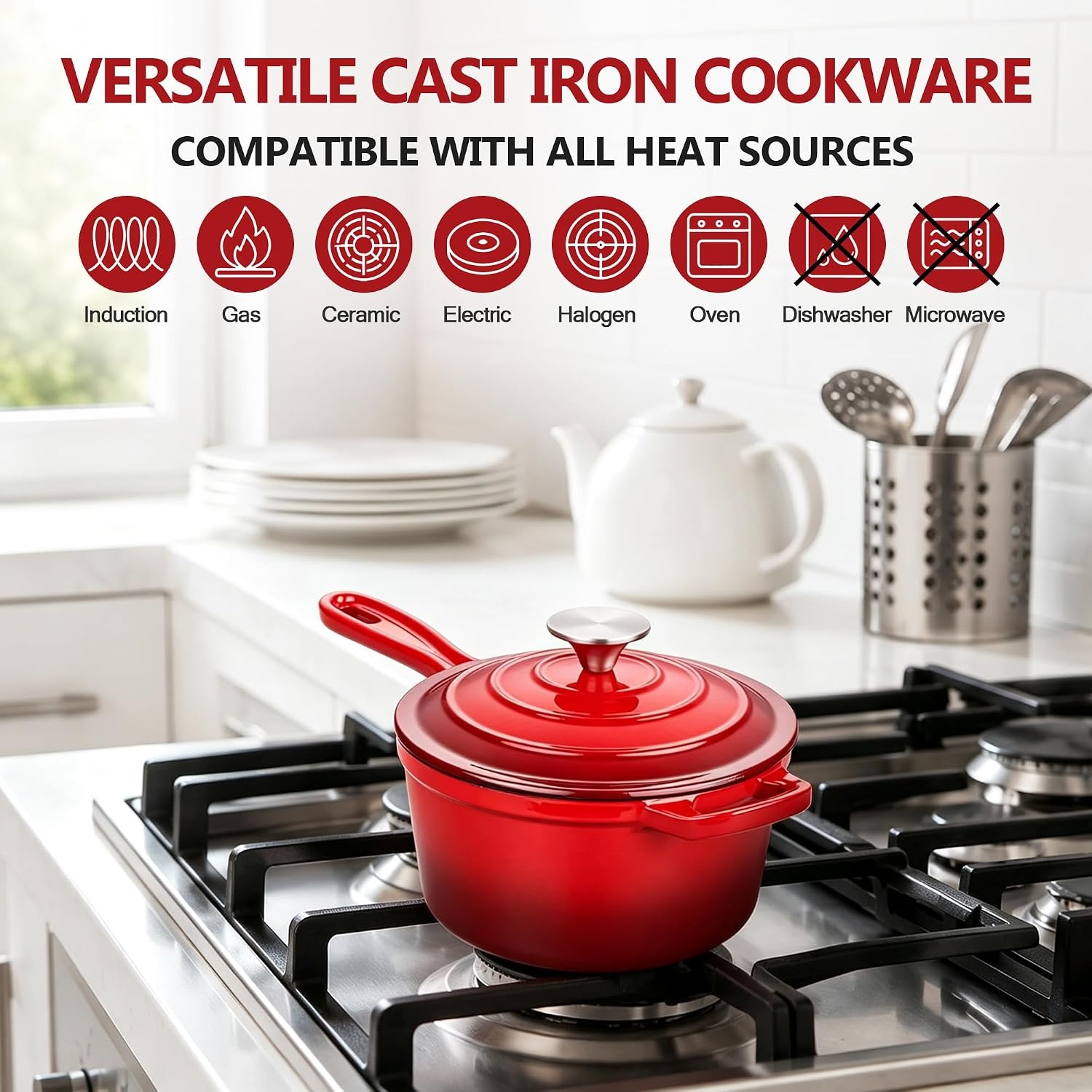 image:imageEfar Enameled Cast Iron Sauce Pan with Lid 1 Quart Dutch Oven Cooking PotRed