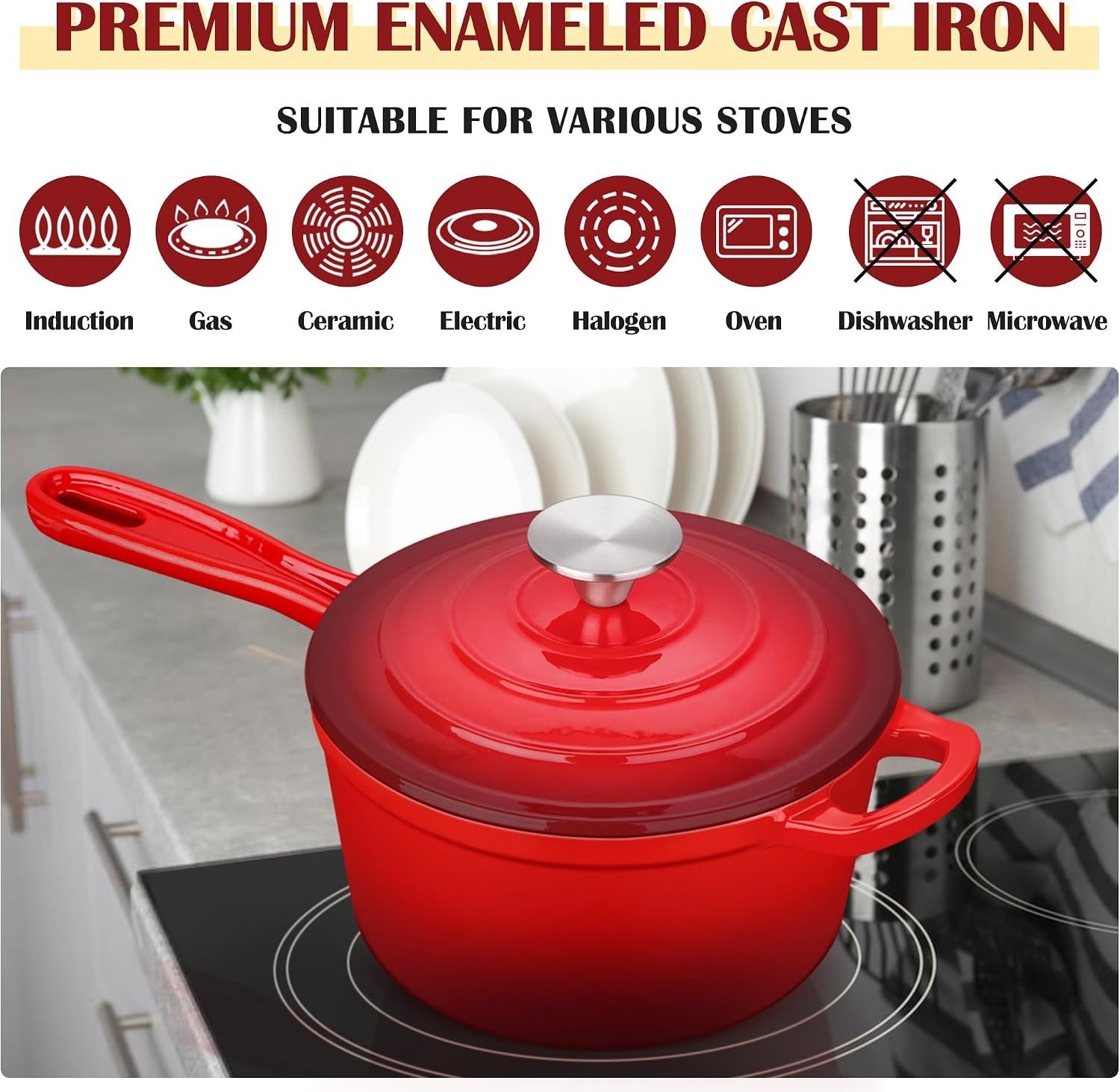 image:imageEfar Enameled Cast Iron Sauce Pan with Lid 1 Quart Dutch Oven Cooking PotRed