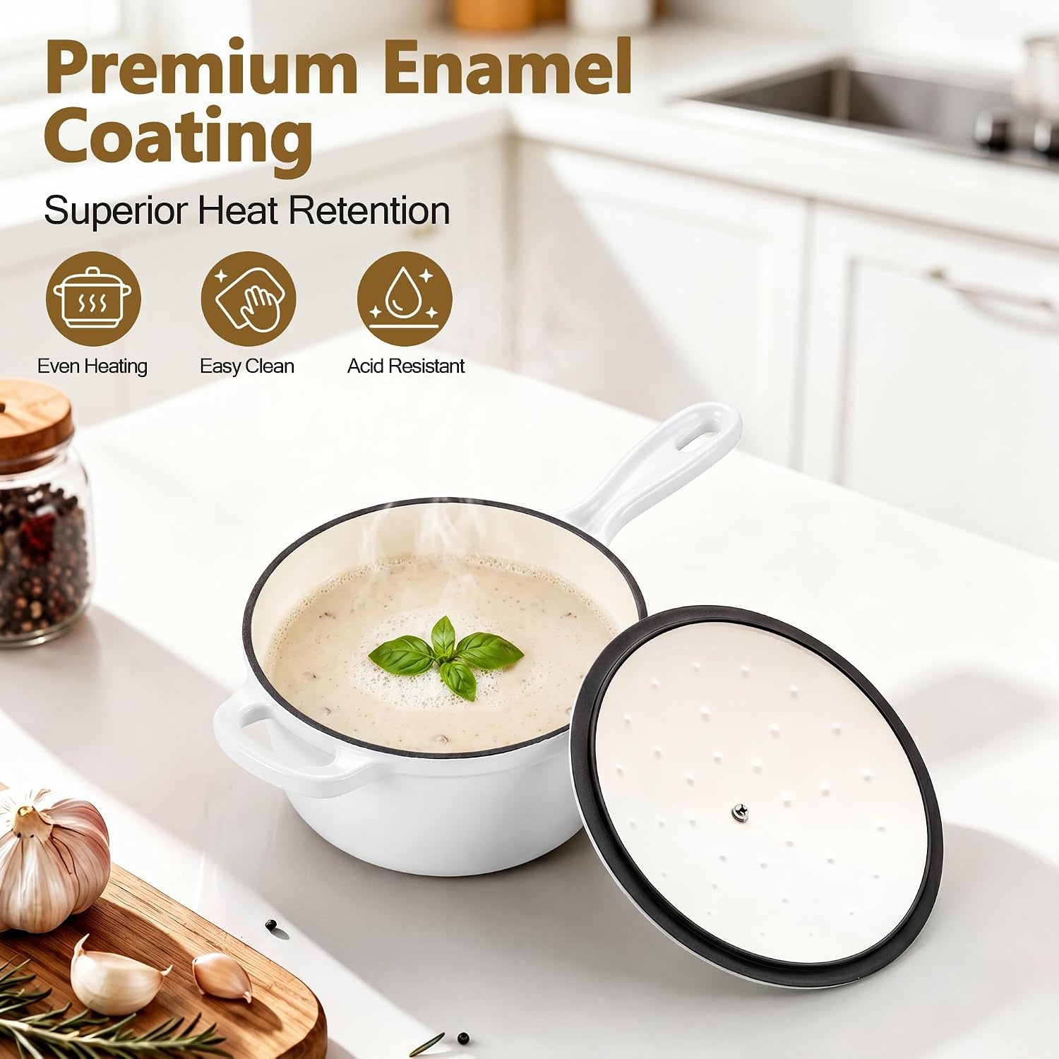 image:imageEfar Enameled Cast Iron Sauce Pan with Lid 1 Quart Dutch Oven Cooking PotWhite