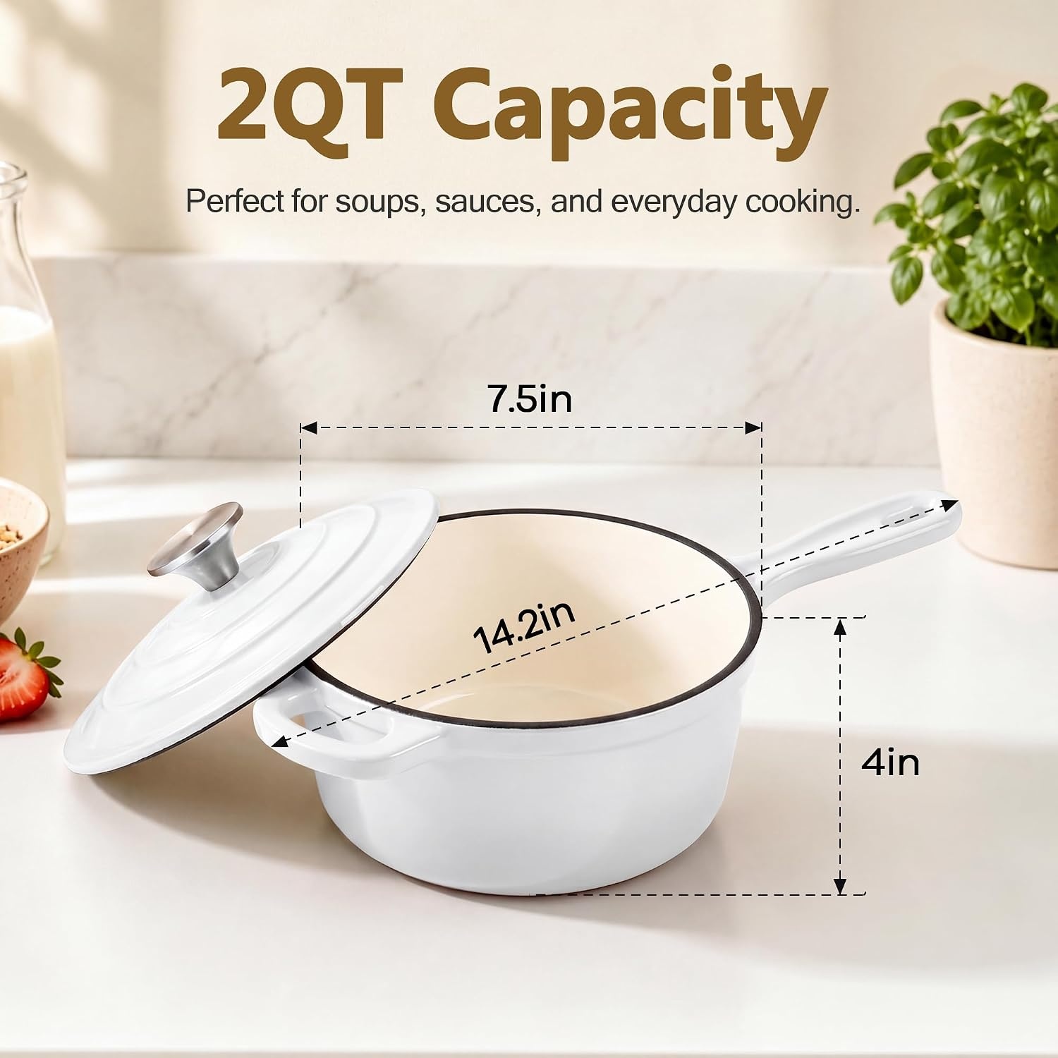 image:imageEfar Enameled Cast Iron Sauce Pan with Lid 1 Quart Dutch Oven Cooking PotWhite