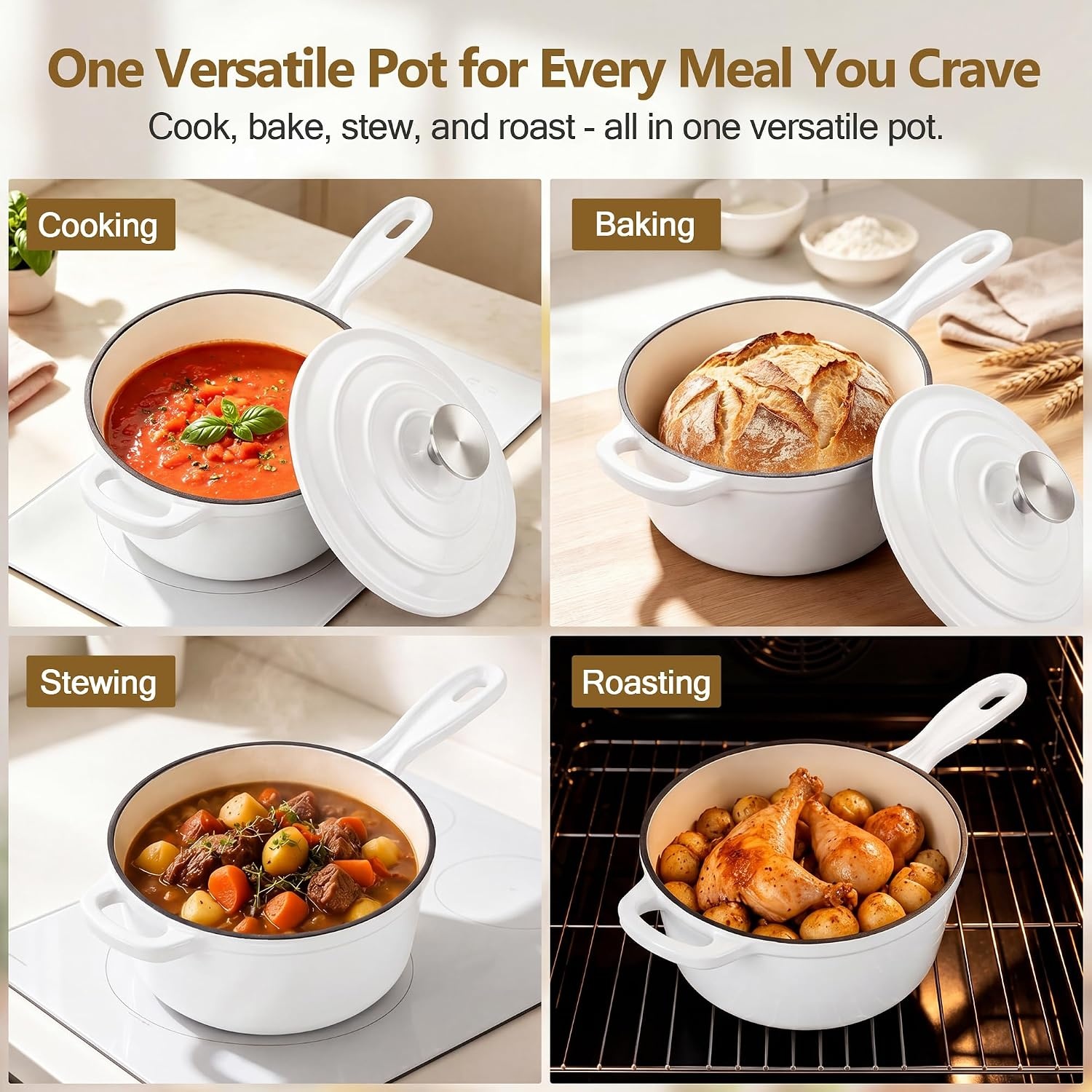 image:imageEfar Enameled Cast Iron Sauce Pan with Lid 1 Quart Dutch Oven Cooking PotWhite