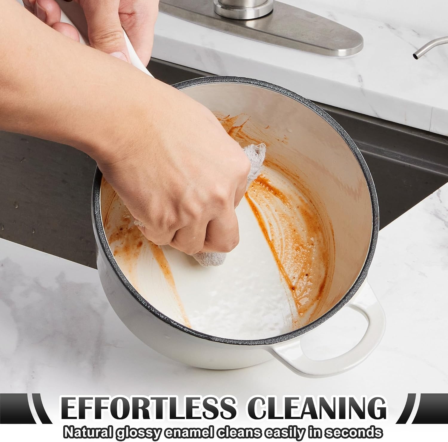 image:imageEfar Enameled Cast Iron Sauce Pan with Lid 1 Quart Dutch Oven Cooking PotWhite