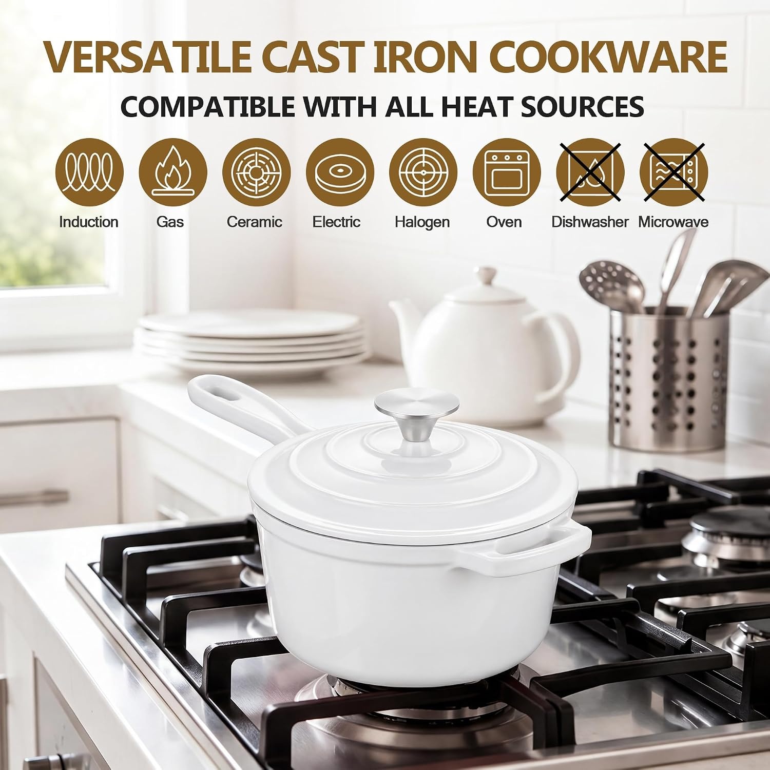 image:imageEfar Enameled Cast Iron Sauce Pan with Lid 1 Quart Dutch Oven Cooking PotWhite