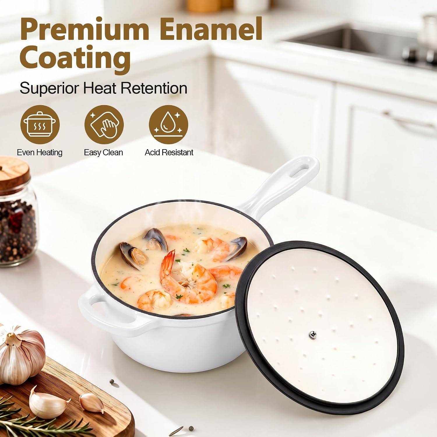 image:imageEfar Enameled Cast Iron Sauce Pan with Lid 1 Quart Dutch Oven Cooking PotWhite