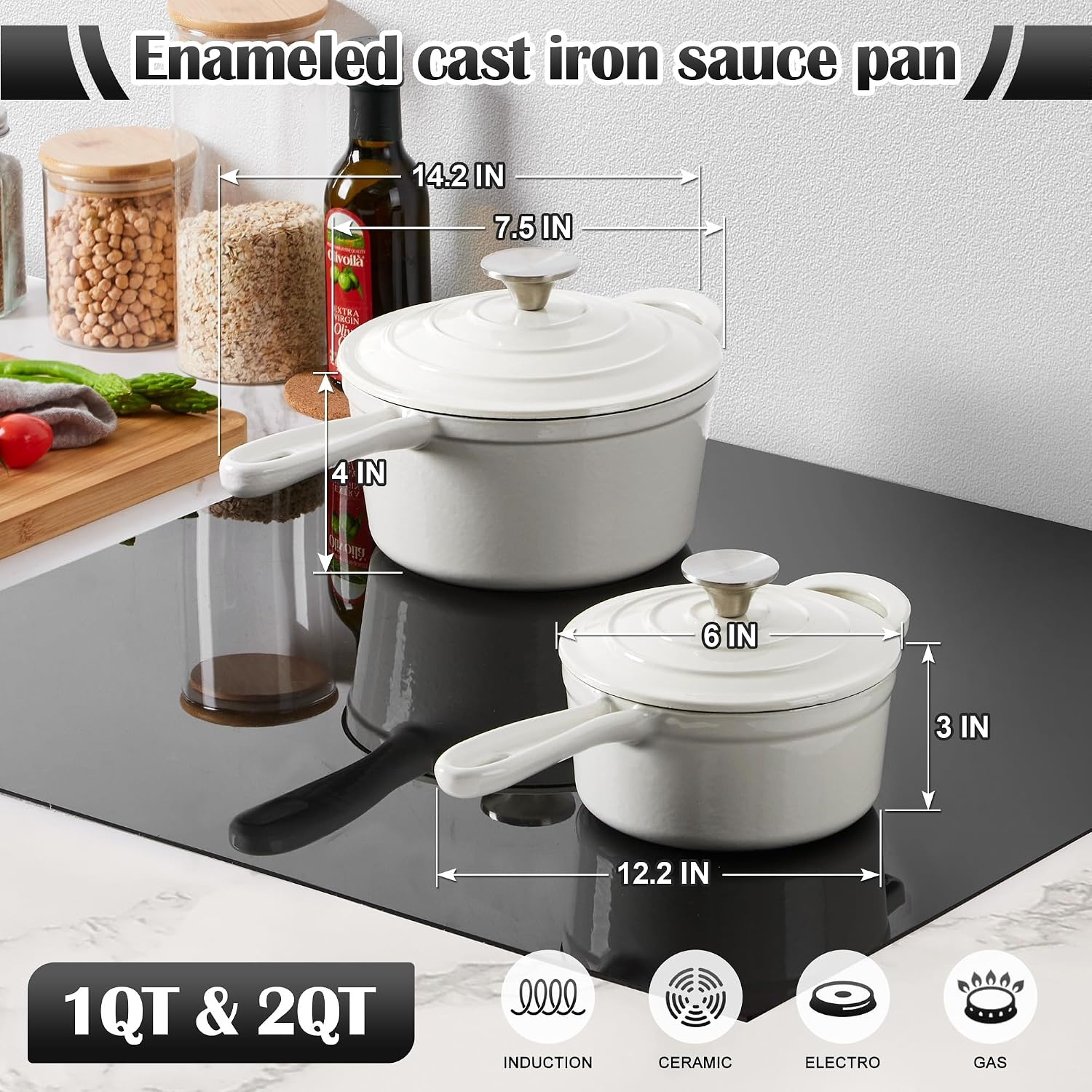 image:imageEfar Enameled Cast Iron Sauce Pan with Lid 1 Quart Dutch Oven Cooking PotWhite