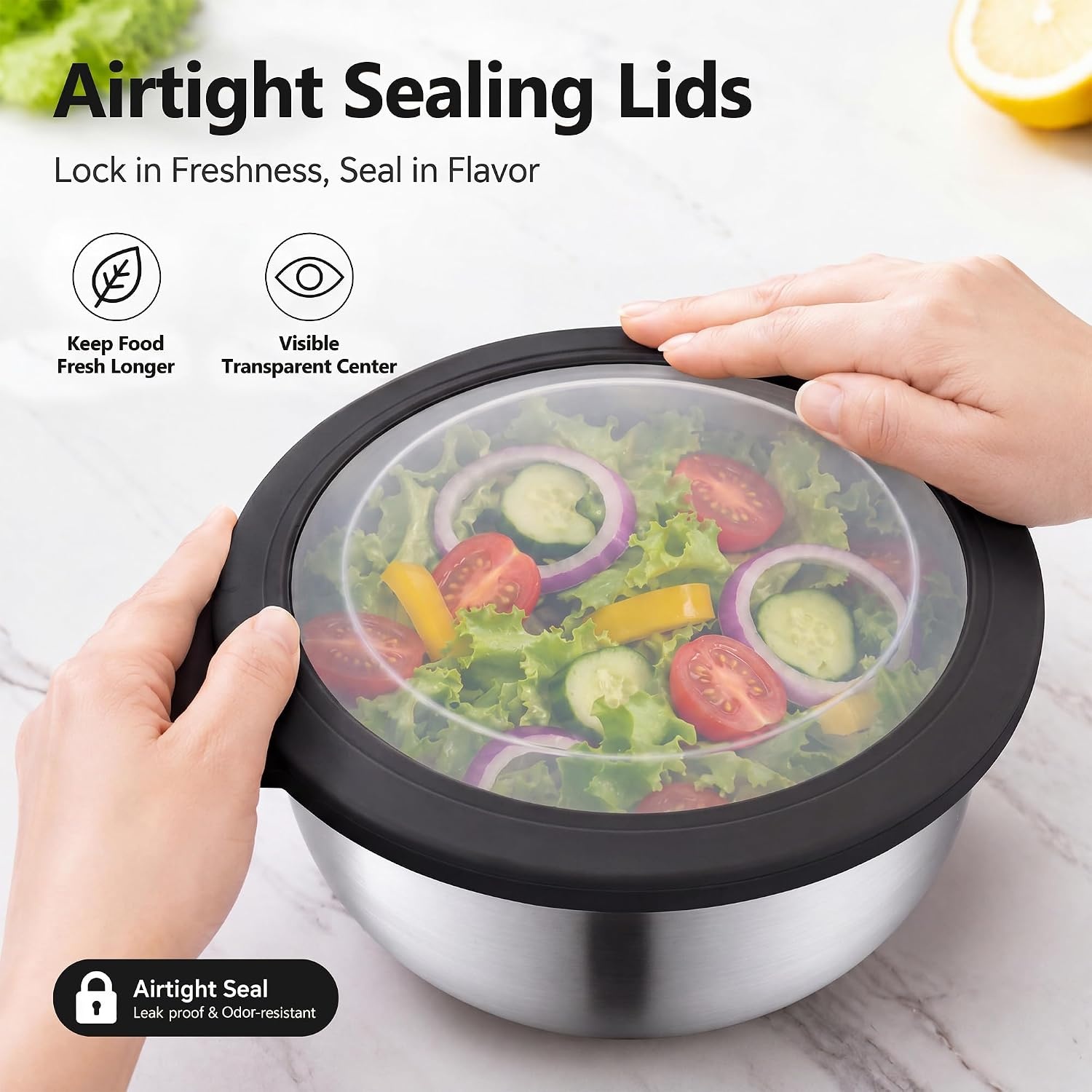 image:imageEfar Mixing Bowls with Lids Set of 5 Stainless Steel Nesting Salad BowlsBlack