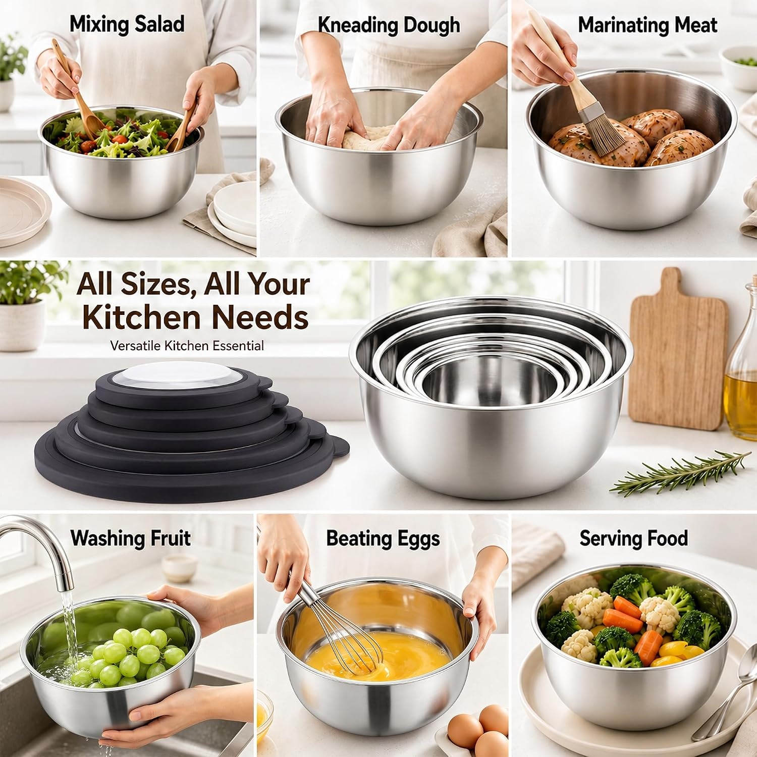 image:imageEfar Mixing Bowls with Lids Set of 5 Stainless Steel Nesting Salad BowlsBlack