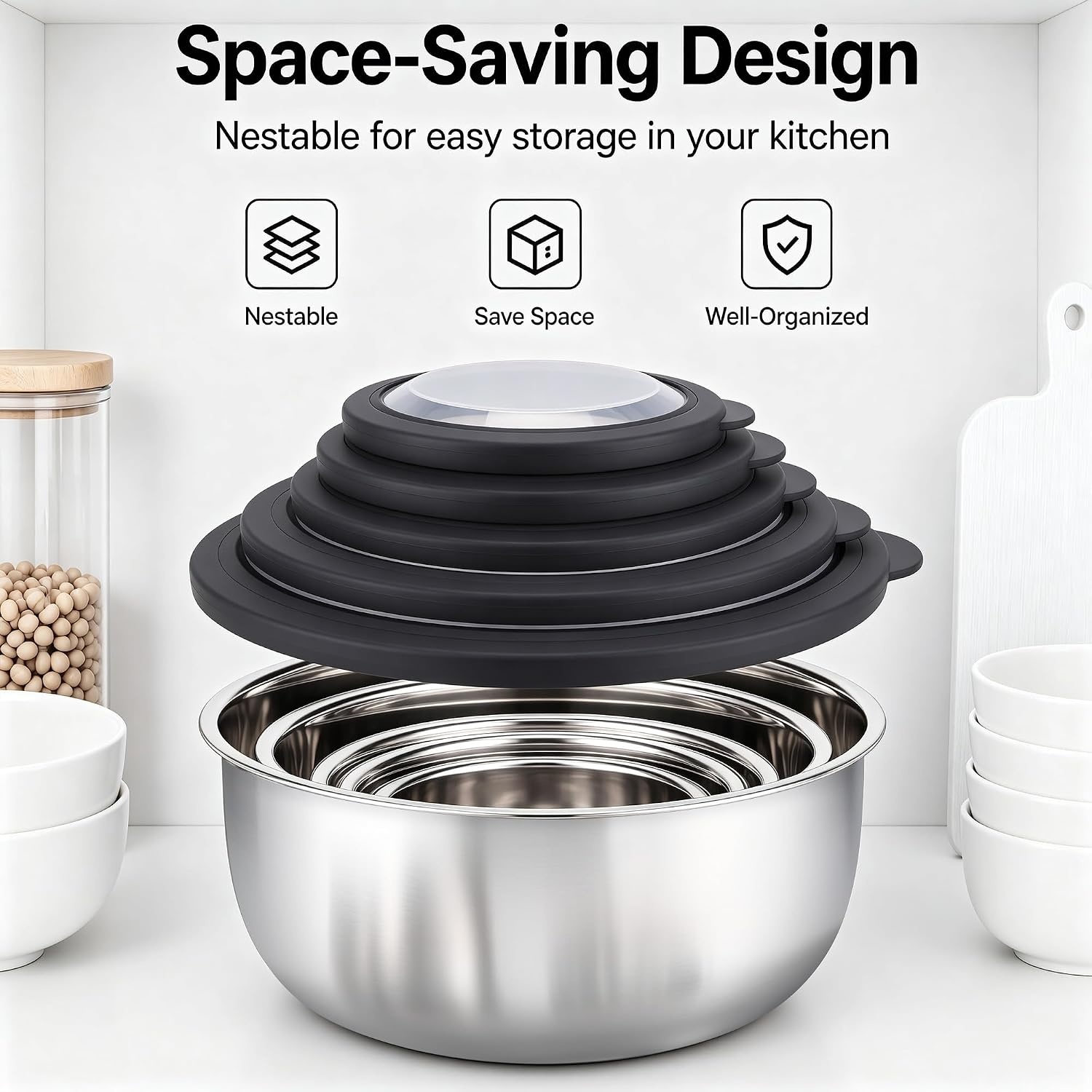 image:imageEfar Mixing Bowls with Lids Set of 5 Stainless Steel Nesting Salad BowlsBlack