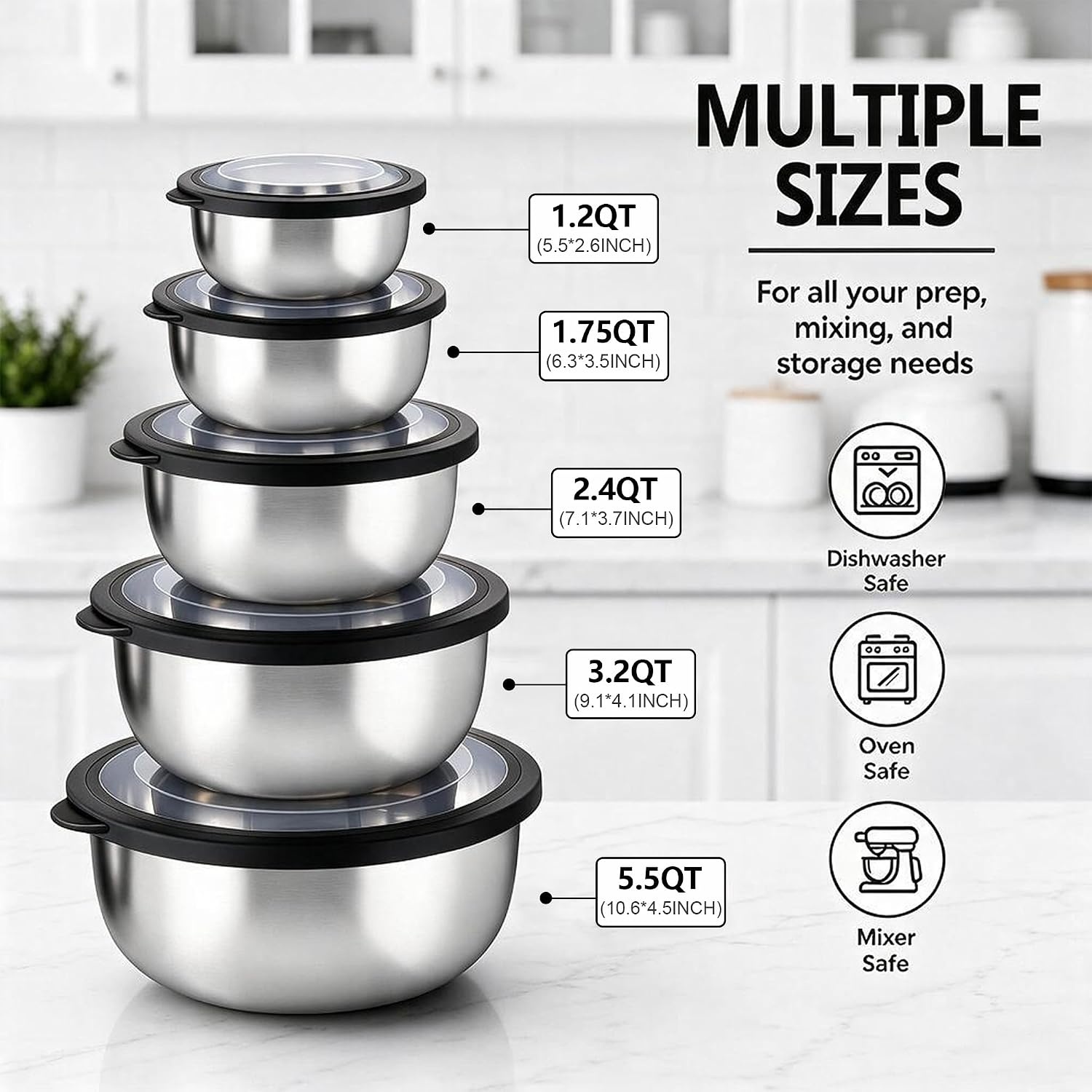 image:imageEfar Mixing Bowls with Lids Set of 5 Stainless Steel Nesting Salad BowlsBlack
