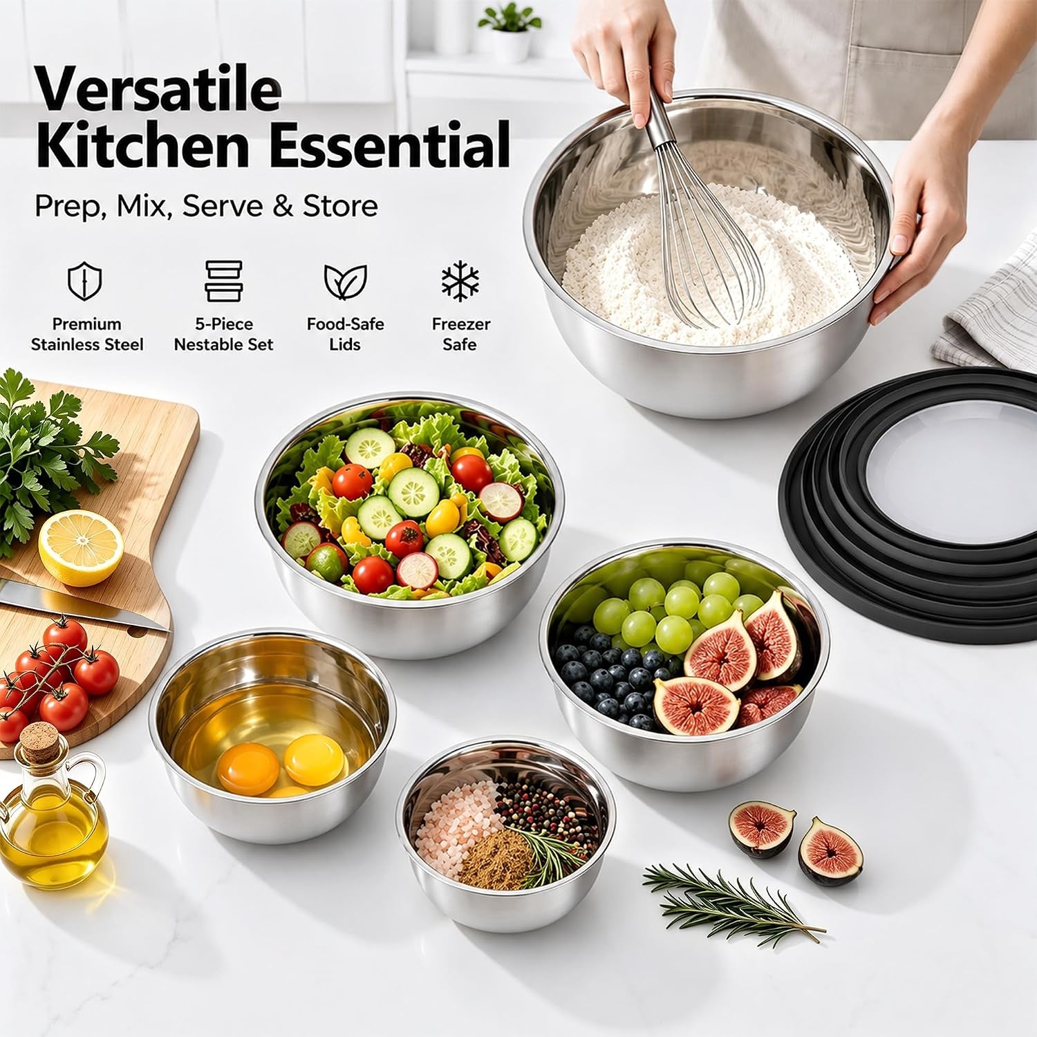 image:imageEfar Mixing Bowls with Lids Set of 5 Stainless Steel Nesting Salad BowlsBlack