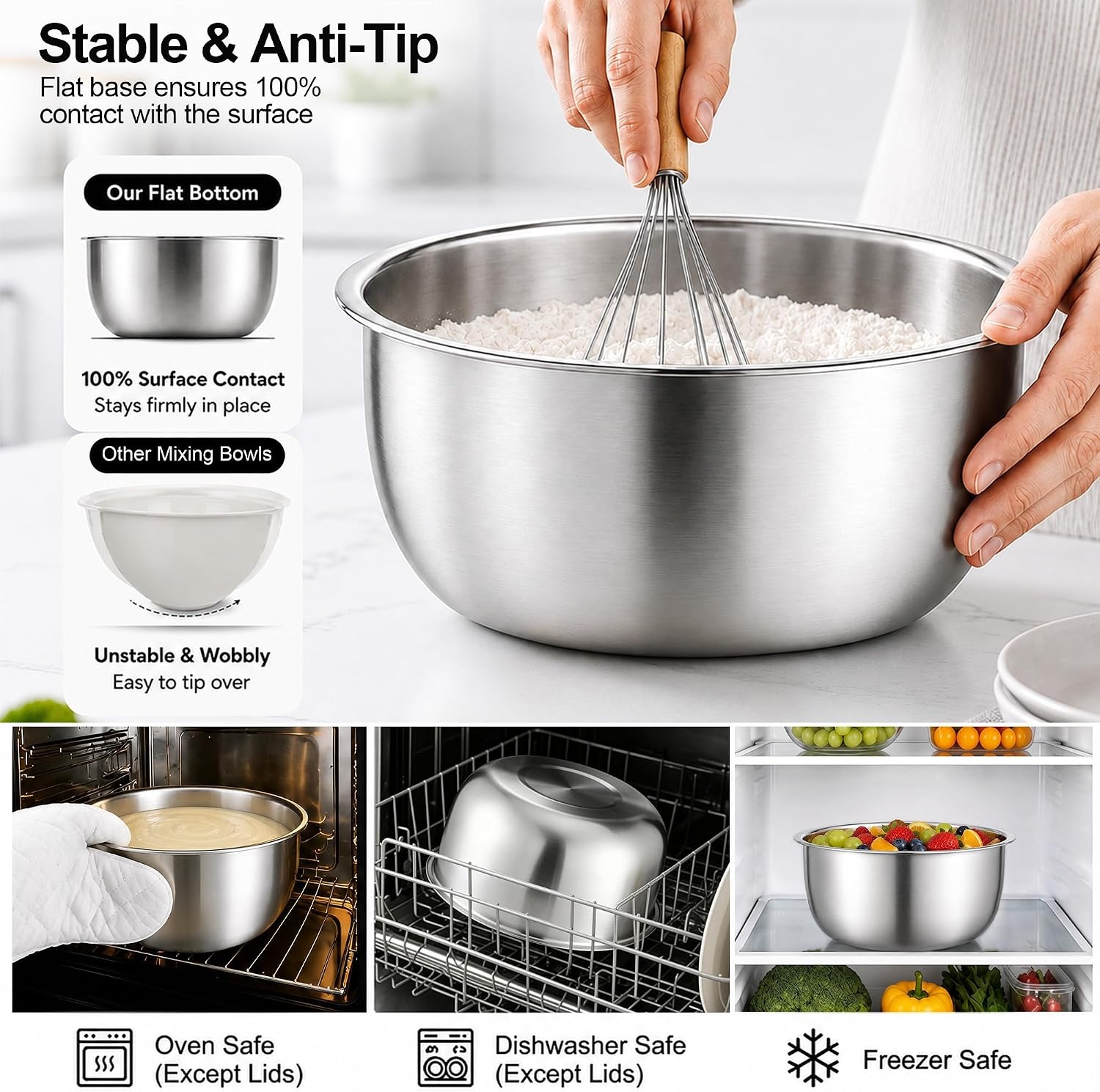 image:imageEfar Mixing Bowls with Lids Set of 5 Stainless Steel Nesting Salad BowlsBlack