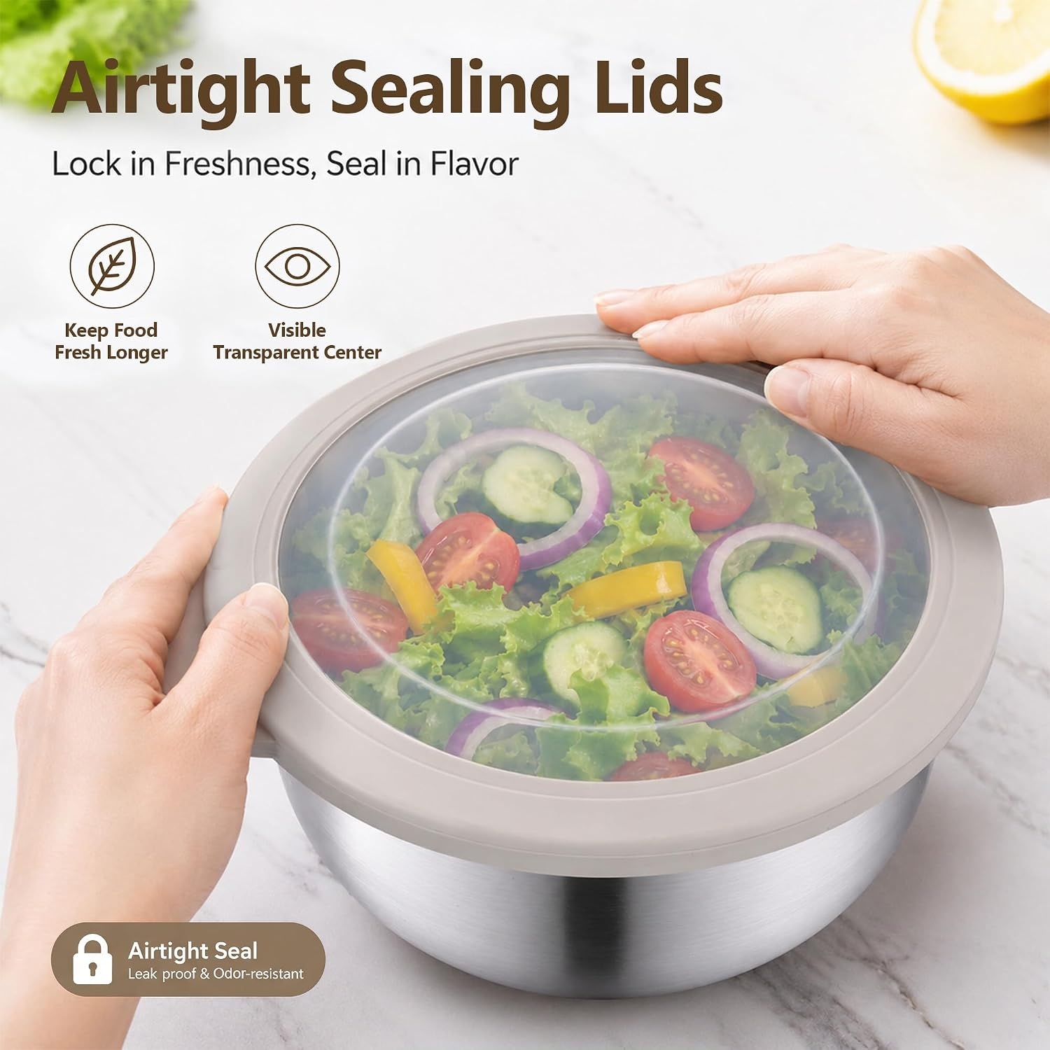 image:imageEfar Mixing Bowls with Lids Set of 5 Stainless Steel Nesting Salad BowlsKhaki