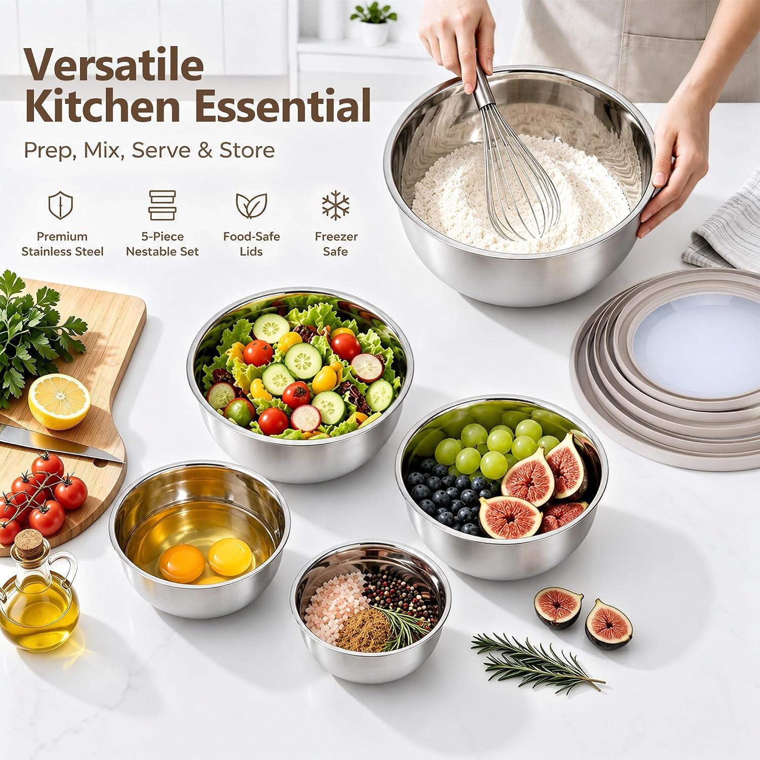 image:imageEfar Mixing Bowls with Lids Set of 5 Stainless Steel Nesting Salad BowlsKhaki