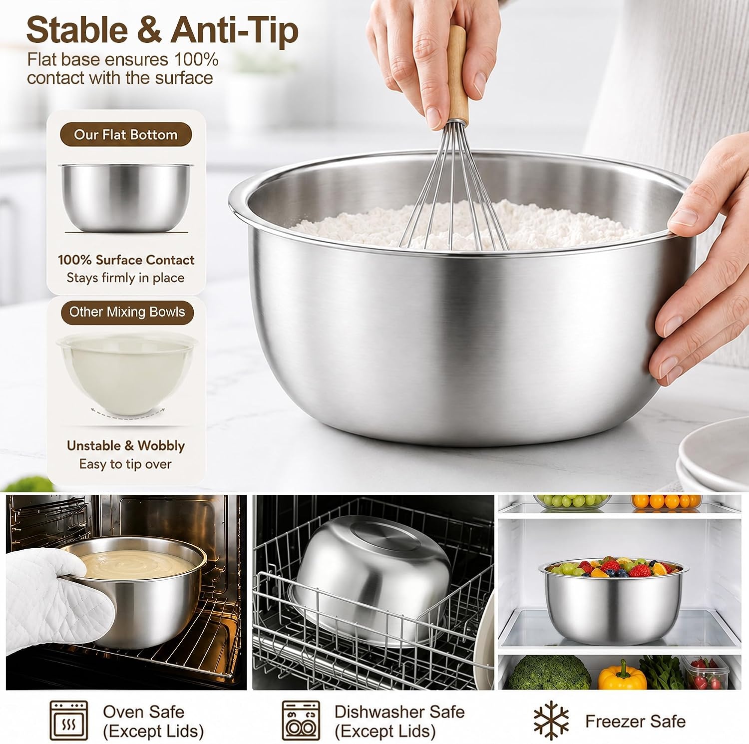 image:imageEfar Mixing Bowls with Lids Set of 5 Stainless Steel Nesting Salad BowlsKhaki