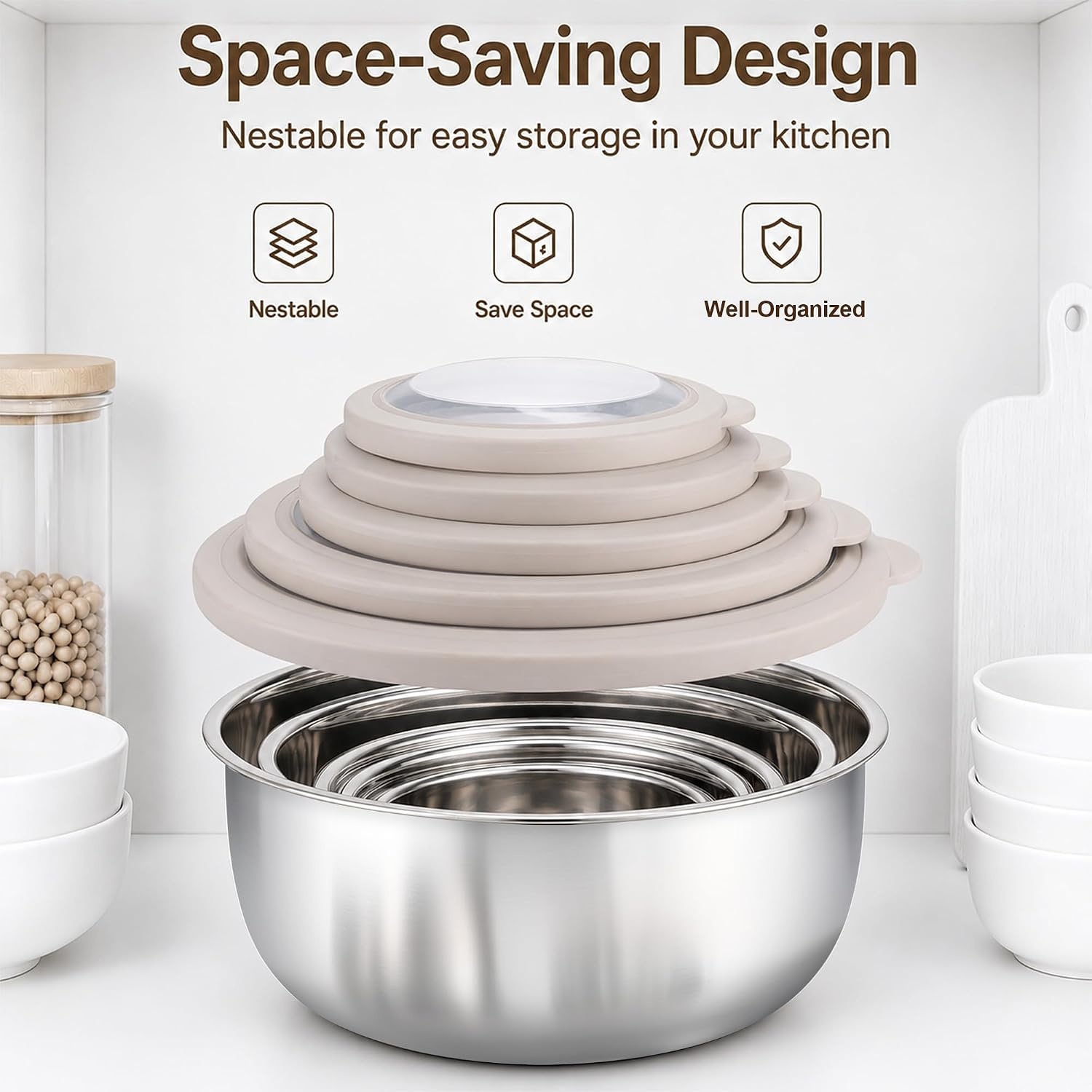 image:imageEfar Mixing Bowls with Lids Set of 5 Stainless Steel Nesting Salad BowlsKhaki