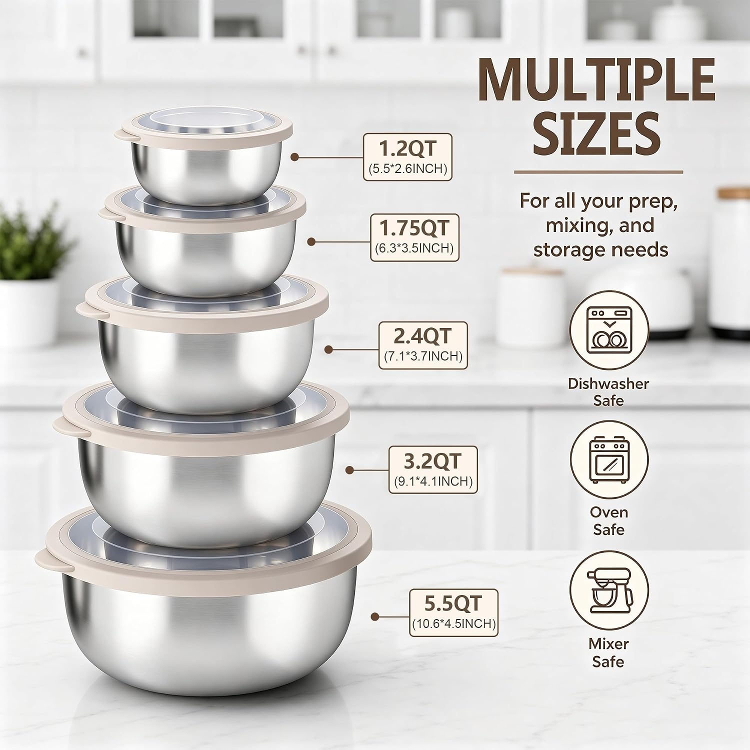 image:imageEfar Mixing Bowls with Lids Set of 5 Stainless Steel Nesting Salad BowlsKhaki