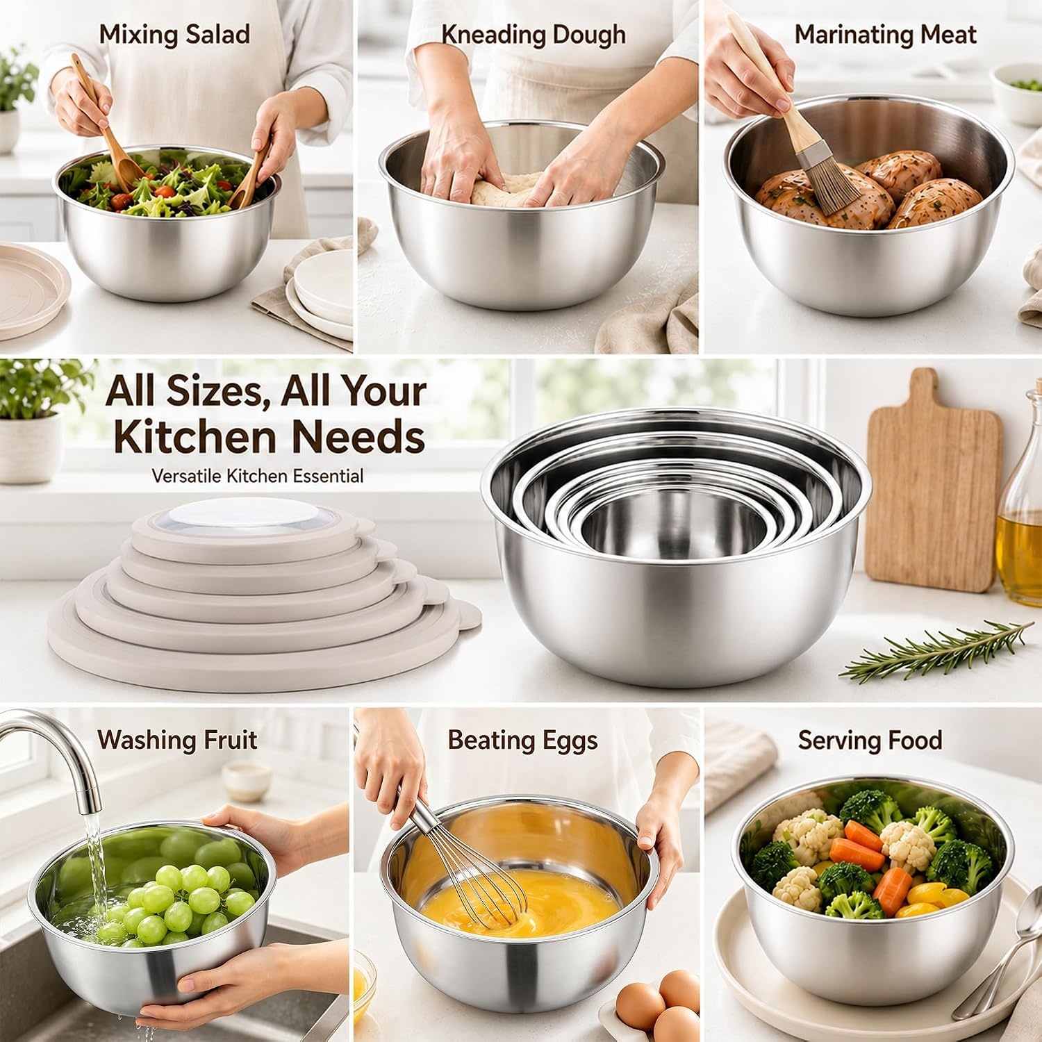 image:imageEfar Mixing Bowls with Lids Set of 5 Stainless Steel Nesting Salad BowlsKhaki