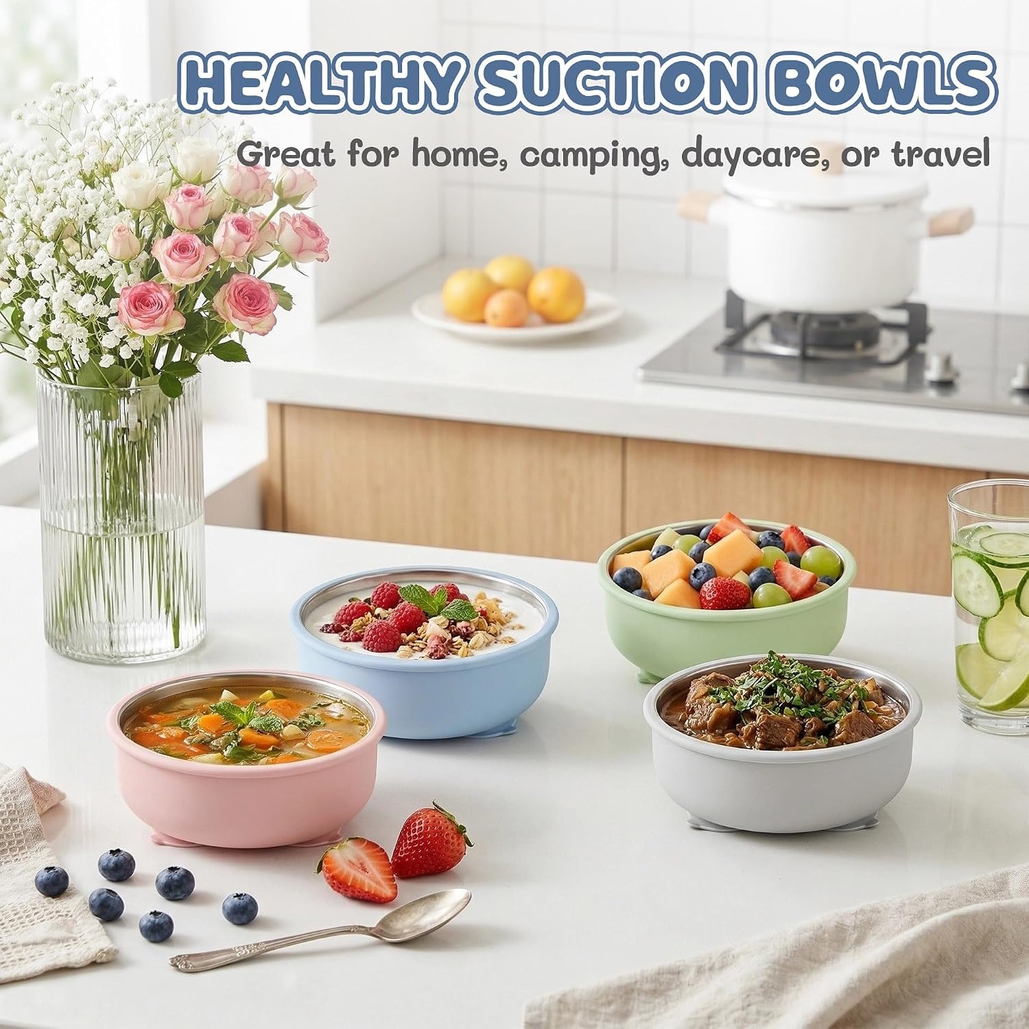 image:imageEfar Stainless Steel Baby Bowls with Suction amp Lids for Toddlers amp Kids4 PCS Bowls