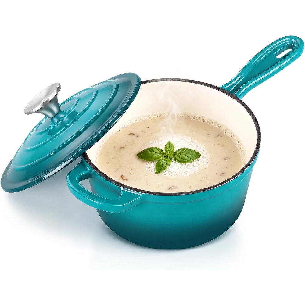 image:imageEfar Enameled Cast Iron Sauce Pan with Lid 1 Quart Dutch Oven Cooking PotPeacock Green