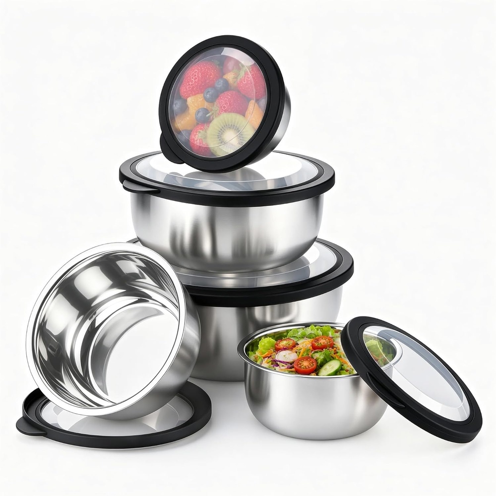 image:imageEfar Mixing Bowls with Lids Set of 5 Stainless Steel Nesting Salad BowlsBlack