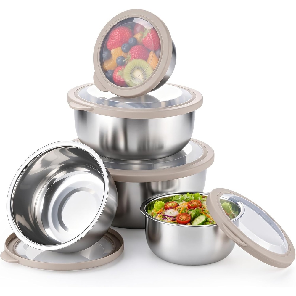 image:imageEfar Mixing Bowls with Lids Set of 5 Stainless Steel Nesting Salad BowlsKhaki