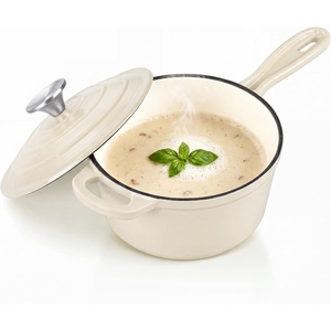 E-far Enameled Cast Iron Sauce Pan with Lid, 1 Quart Dutch Oven Cooking Pot(Cream)