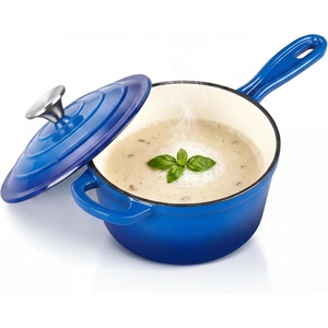 E-far Enameled Cast Iron Sauce Pan with Lid, 1 Quart Dutch Oven Cooking Pot(Deep Blue)