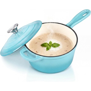 E-far Enameled Cast Iron Sauce Pan with Lid, 1 Quart Dutch Oven Cooking Pot(Light Blue)