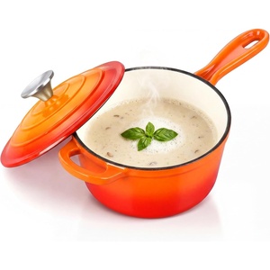 E-far Enameled Cast Iron Sauce Pan with Lid, 1 Quart Dutch Oven Cooking Pot(Orange)