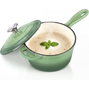 E-far Enameled Cast Iron Sauce Pan with Lid, 1 Quart Dutch Oven Cooking Pot(Pistachio Green)