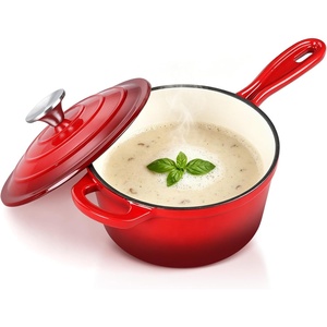 E-far Enameled Cast Iron Sauce Pan with Lid, 1 Quart Dutch Oven Cooking Pot(Red)