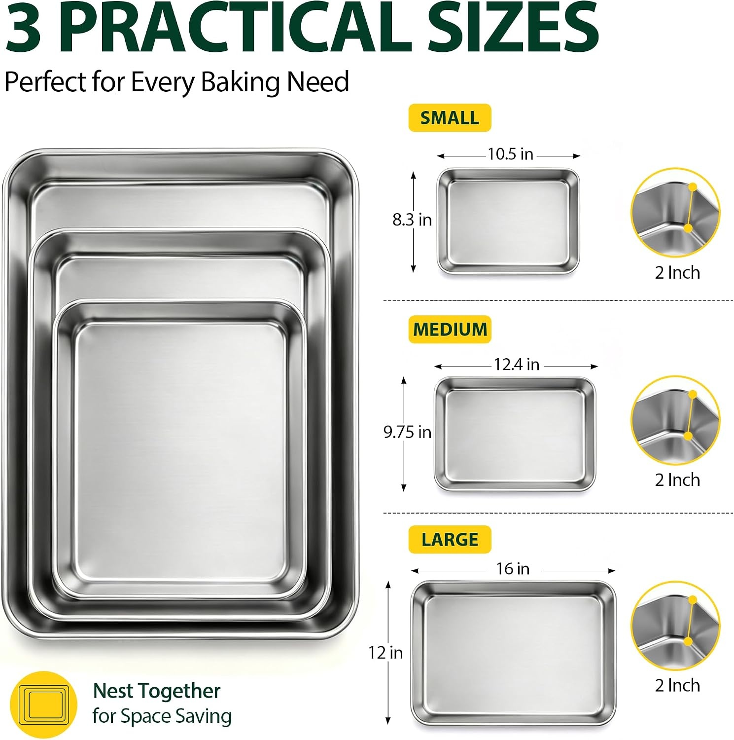 image:imageEfar Baking Pans Set of 3 16125105 Stainless Steel Sheet Cake Pans