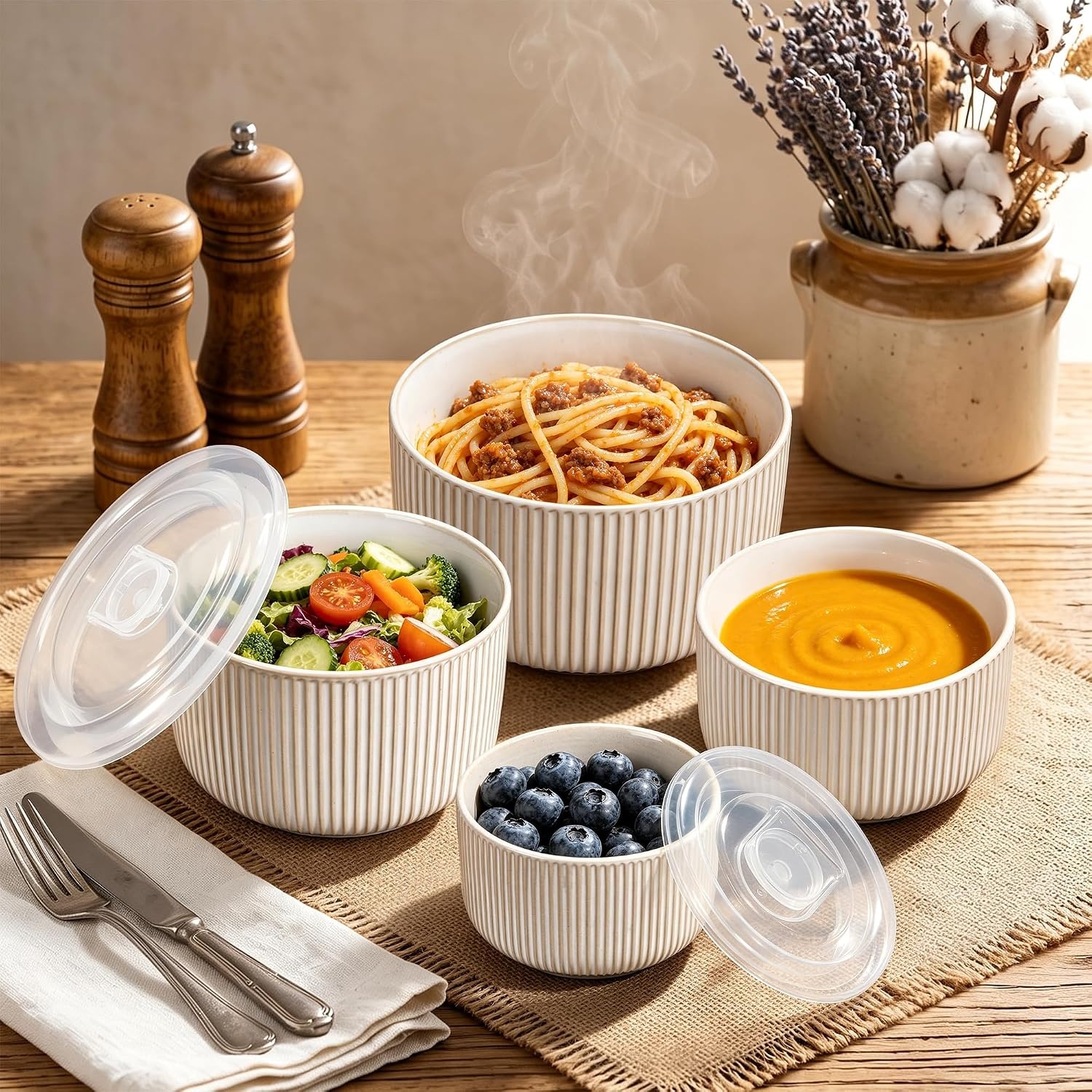 image:imageEfar Ceramic Mixing Bowls with Lids Serving Bowls Set of 4 Midnight BlueCreamy Beige