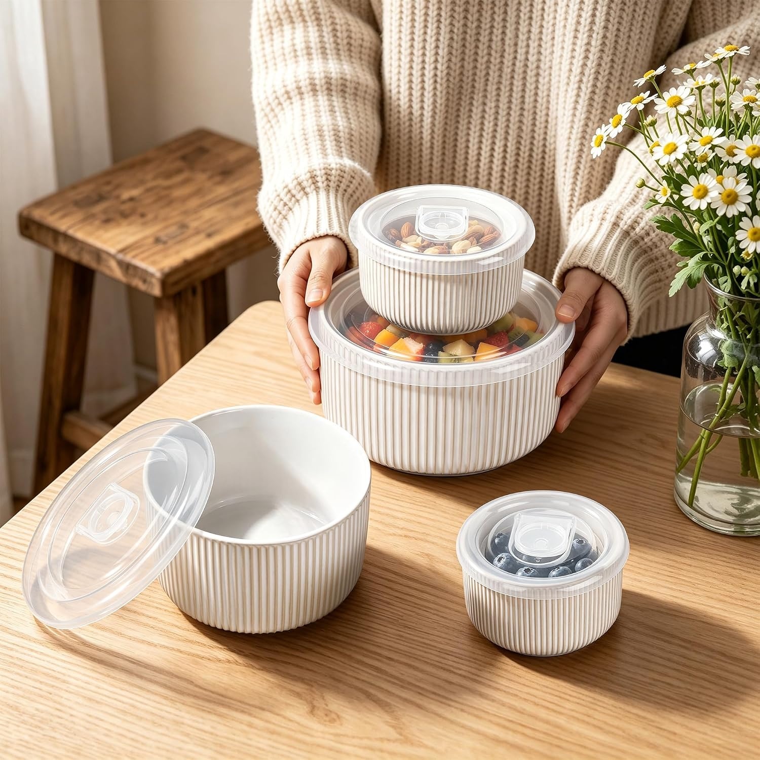 image:imageEfar Ceramic Mixing Bowls with Lids Serving Bowls Set of 4 Midnight BlueCreamy Beige