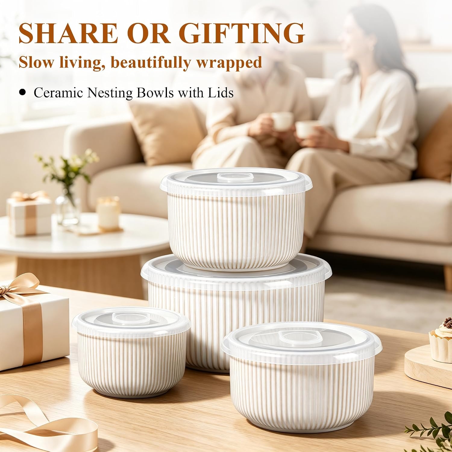 image:imageEfar Ceramic Mixing Bowls with Lids Serving Bowls Set of 4 Midnight BlueCreamy Beige