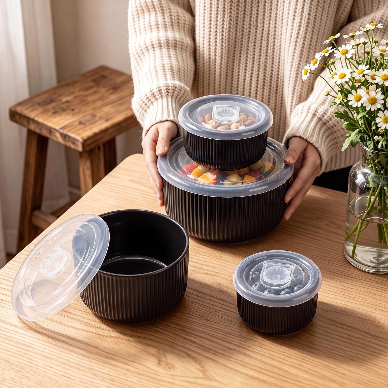 image:imageEfar Ceramic Mixing Bowls with Lids Serving Bowls Set of 4 Midnight BlueMatte Black