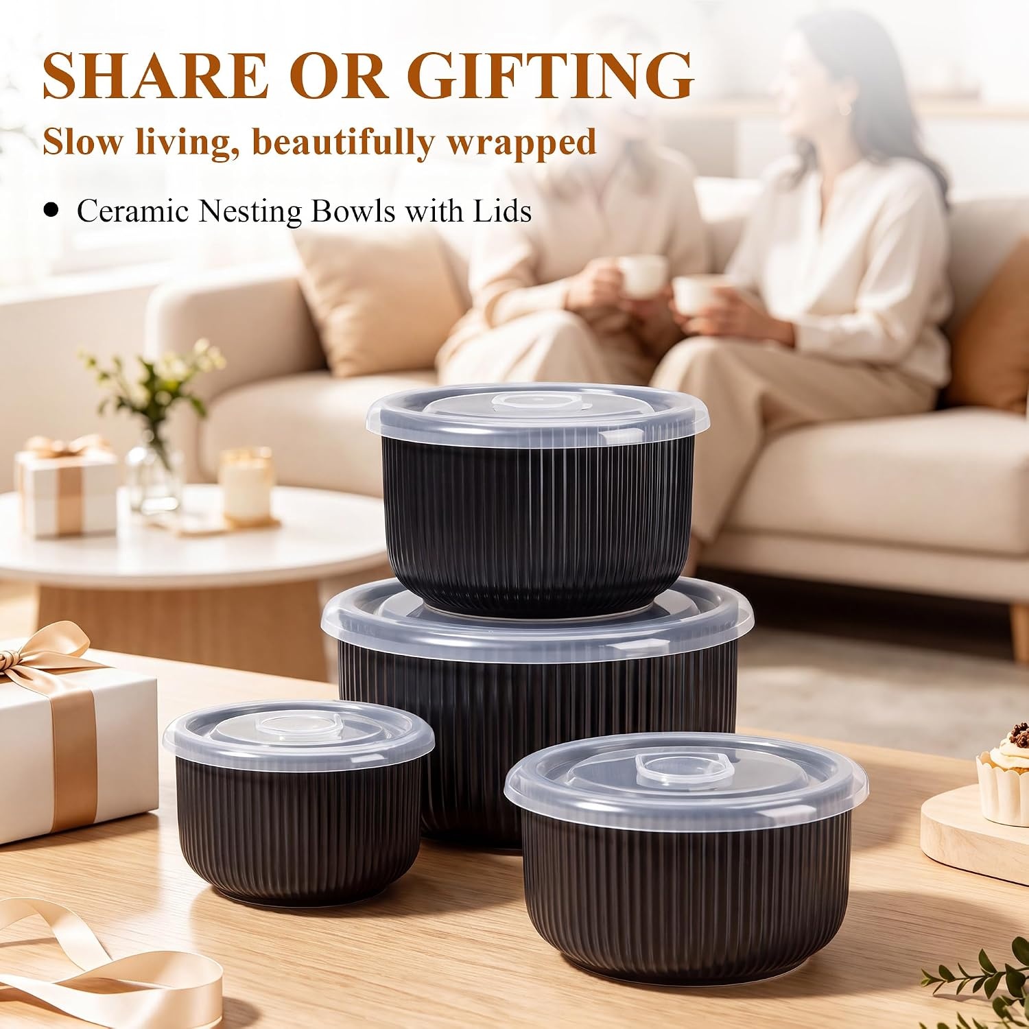image:imageEfar Ceramic Mixing Bowls with Lids Serving Bowls Set of 4 Midnight BlueMatte Black
