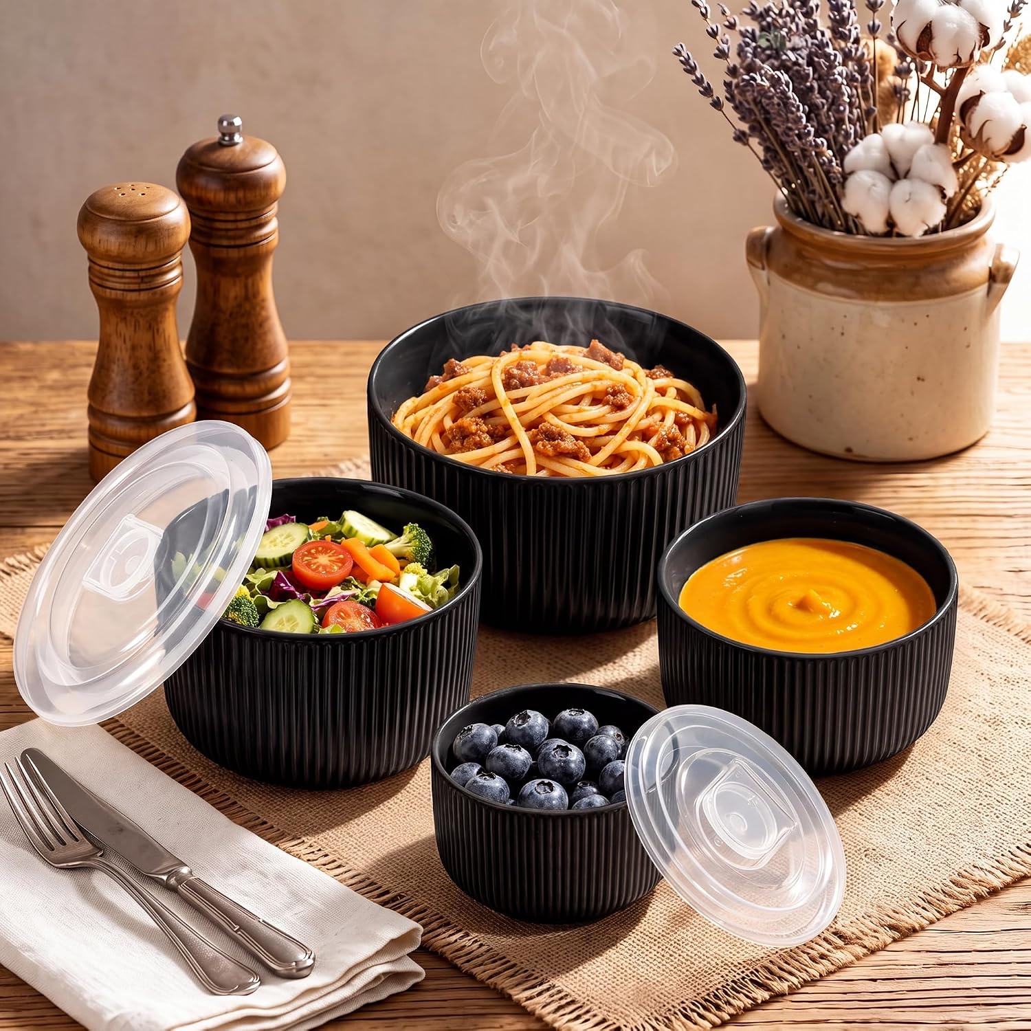 image:imageEfar Ceramic Mixing Bowls with Lids Serving Bowls Set of 4 Midnight BlueMatte Black
